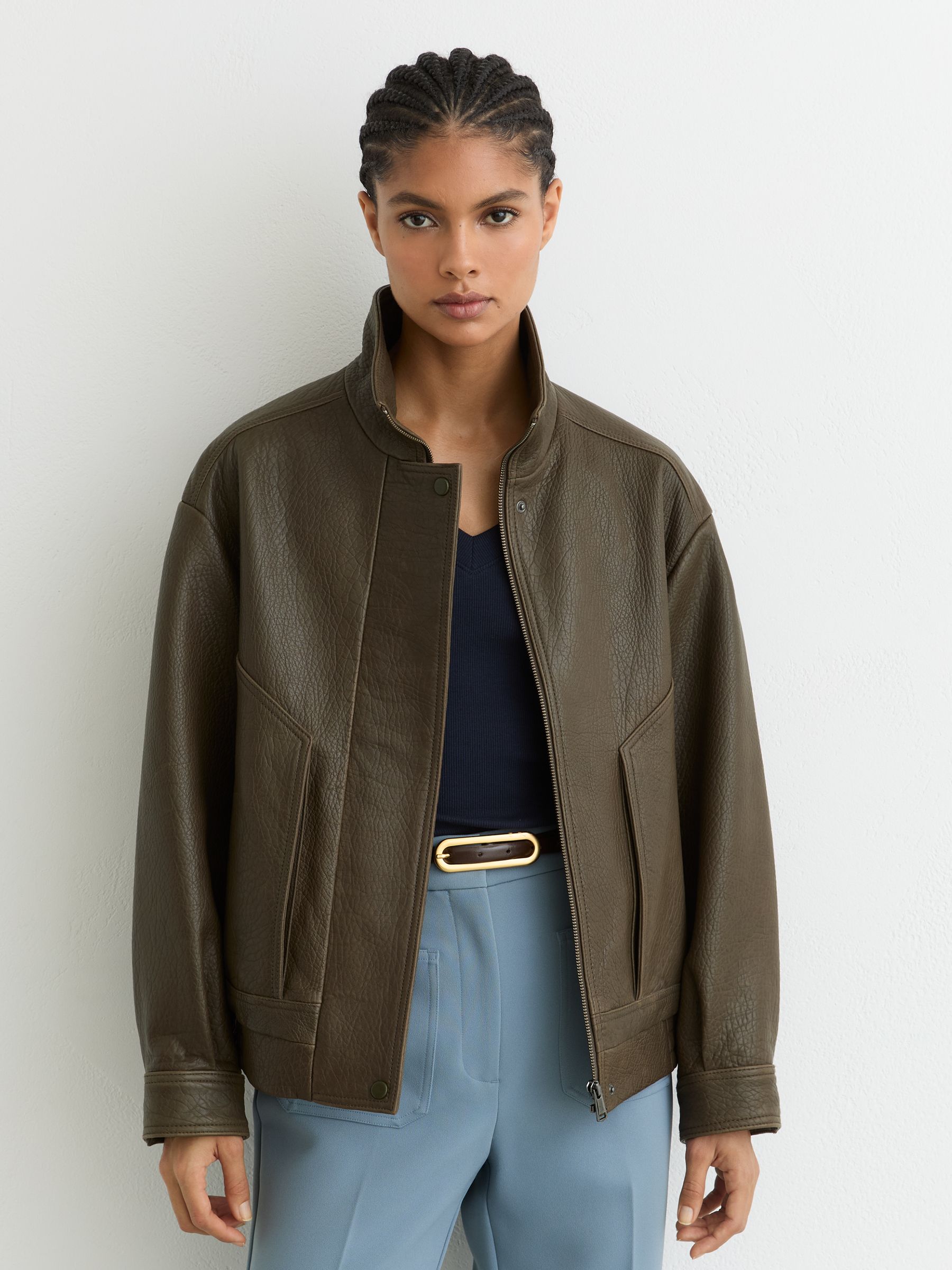 Petite Oversize Grained-Leather Bomber Jacket in Khaki Green - image 4
