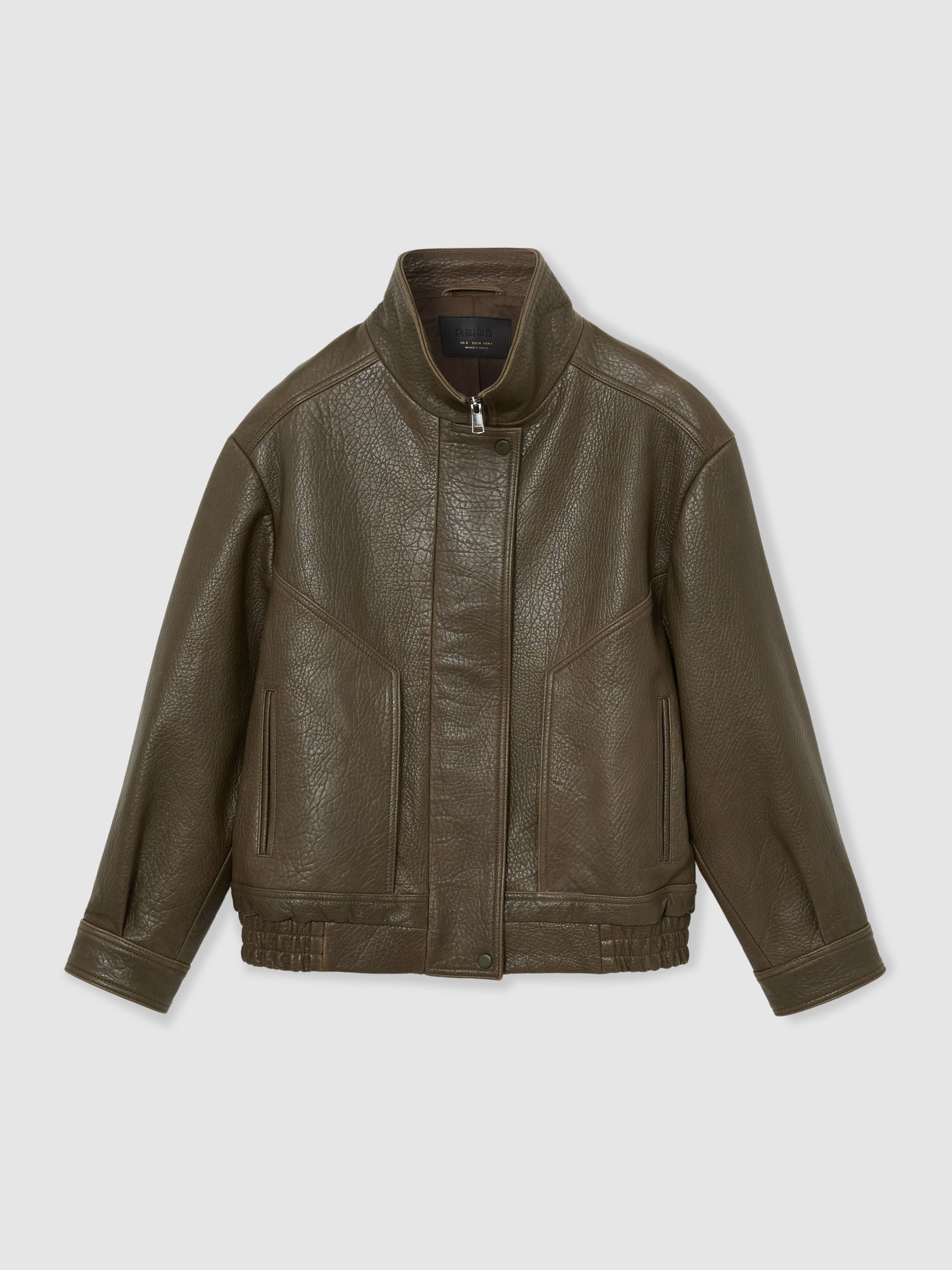 Petite Oversize Grained-Leather Bomber Jacket in Khaki Green