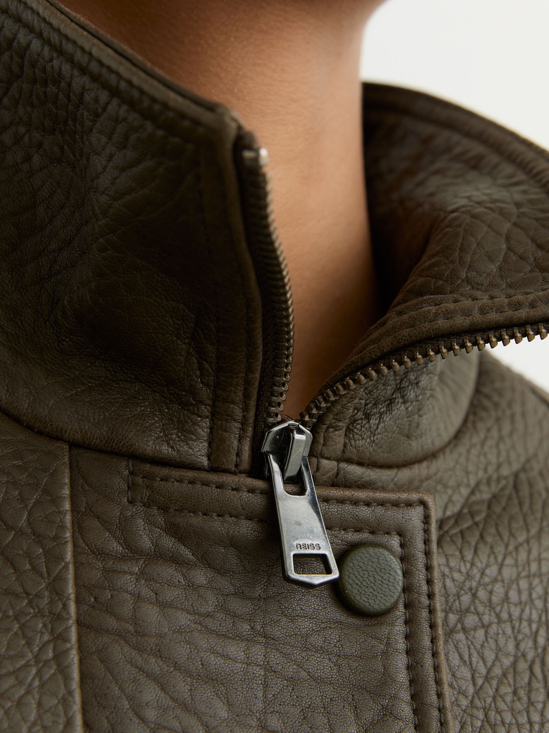 Petite Oversize Grained-Leather Bomber Jacket in Khaki Green - image 5
