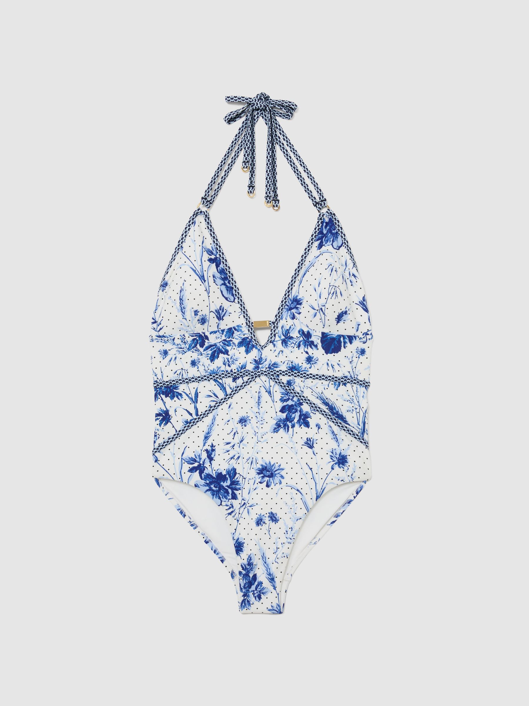 Floral-Print Plunge Halterneck Swimsuit in Blue/Ivory - image 1
