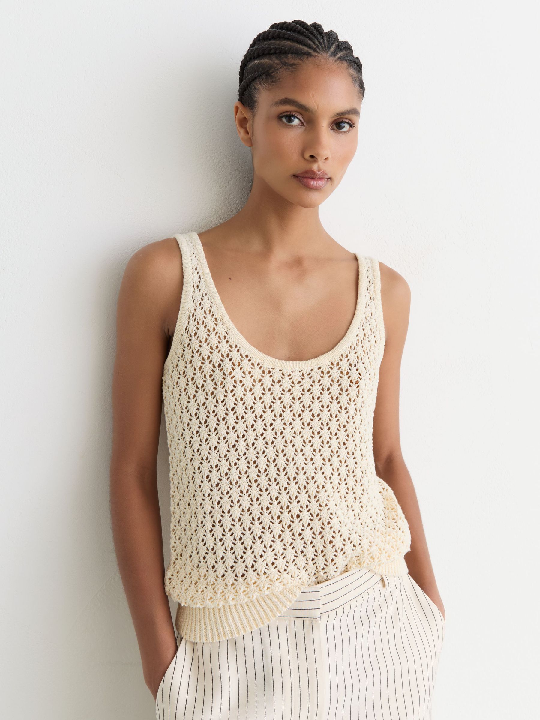 Linen Open-Stitch Knitted Vest in Ivory - Image 1 of 6