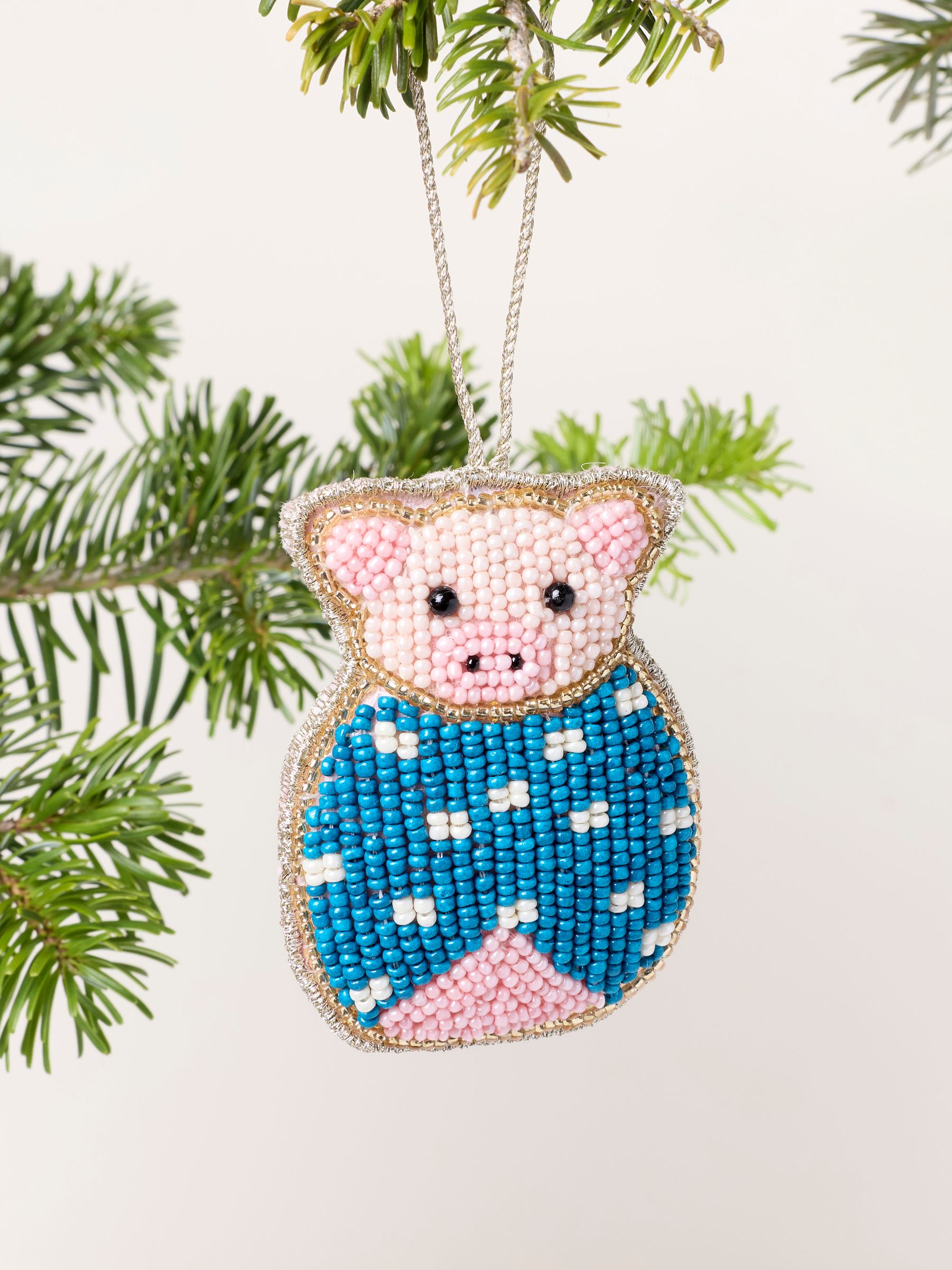 Teal Blue Pig in Blanket Beaded Christmas Decoration - Image 1 of 3