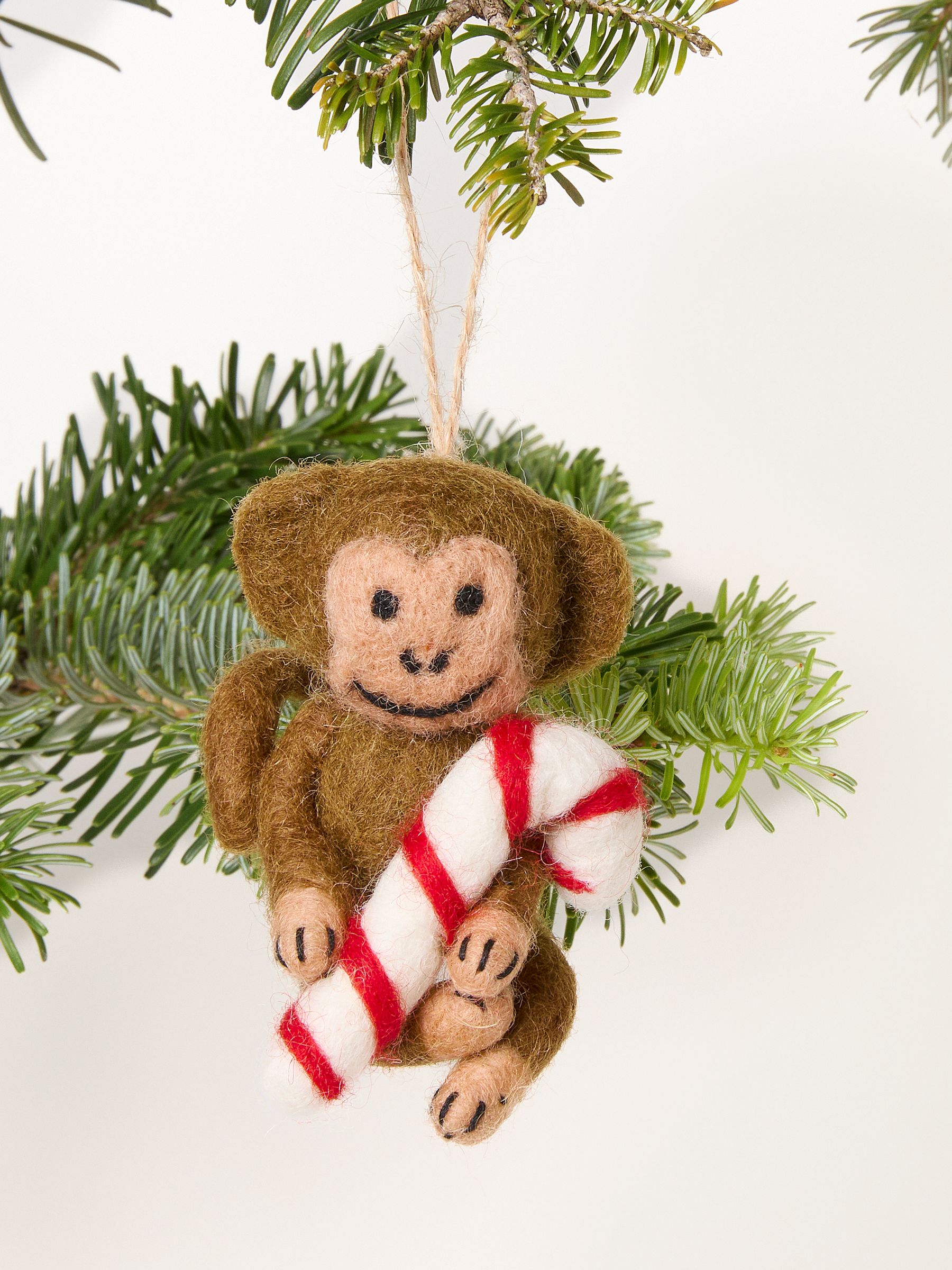 Brown Candy Cane Monkey Felt Christmas Decoration - Image 1 of 3