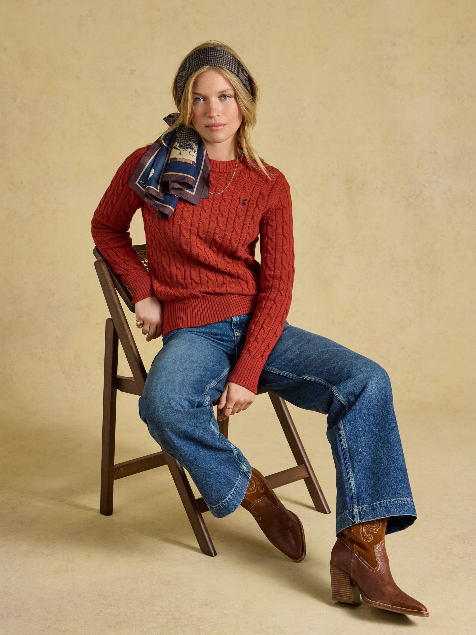 Burnt Orange Classic Crew Neck Cotton Cable Knit Jumper - Image 3 of 6