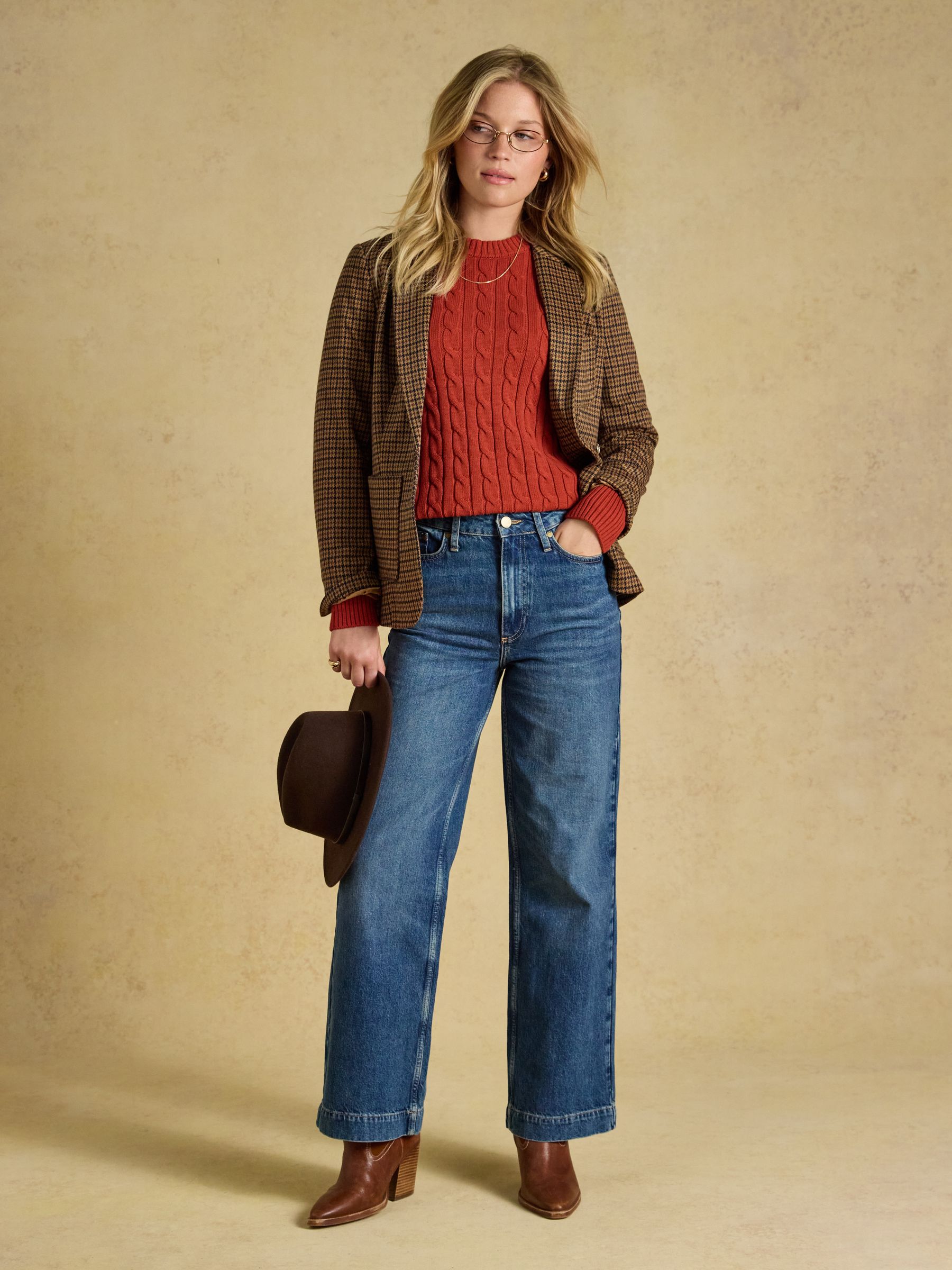 Burnt Orange Classic Crew Neck Cotton Cable Knit Jumper - Image 6 of 6
