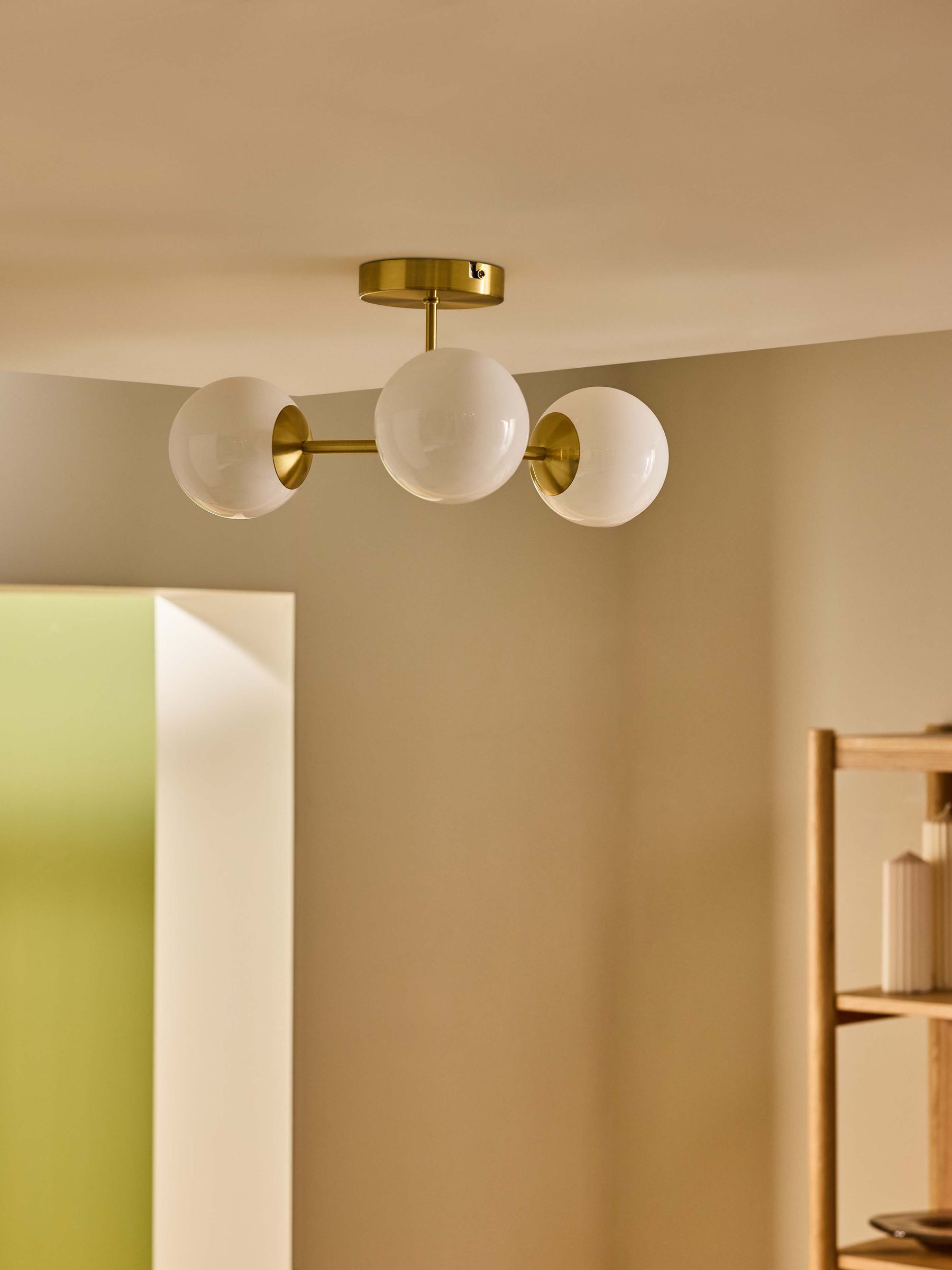 Globe 3 Light Flush Fitting Ceiling Light in Brass/Opal Glass - Image 1 of 6