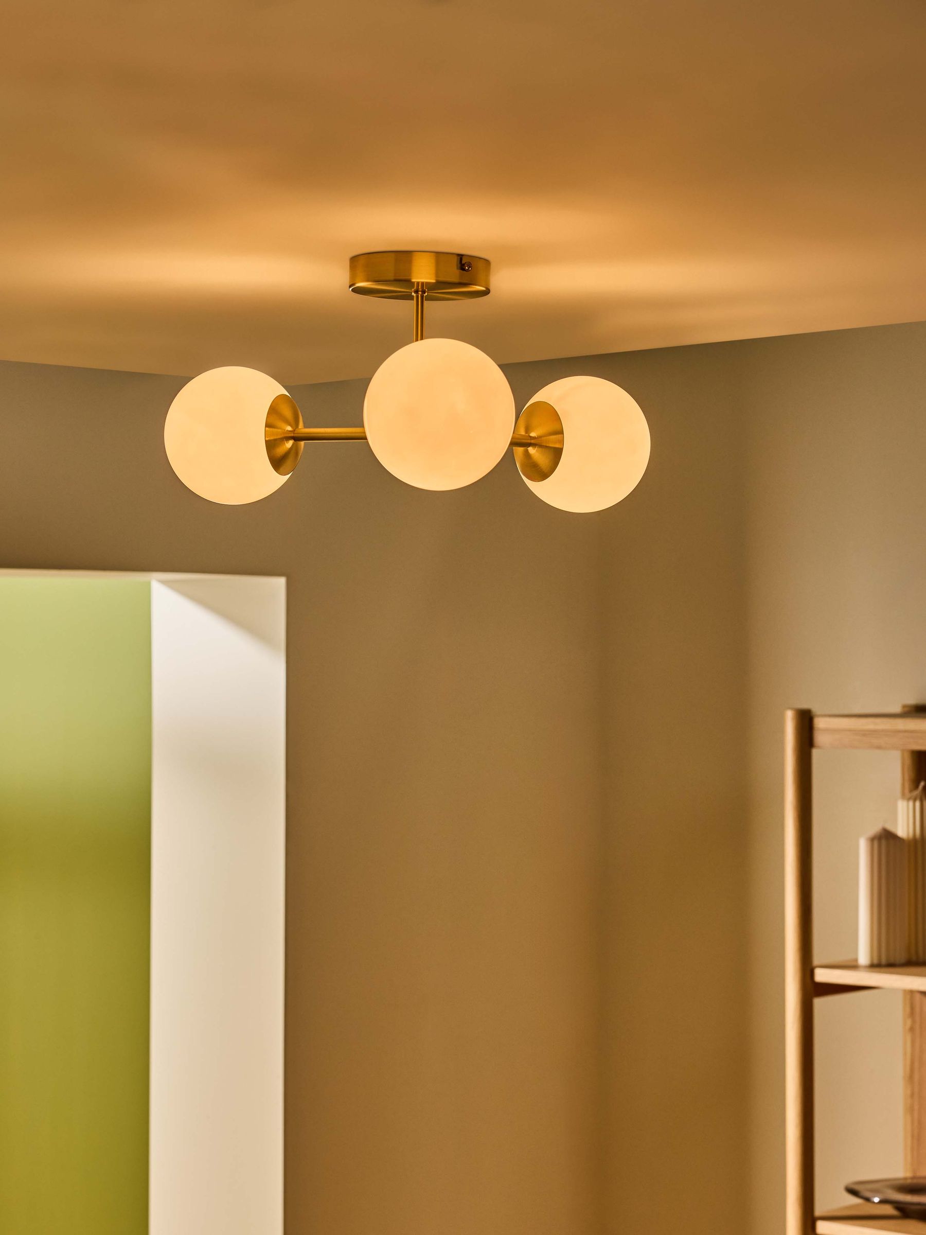Globe 3 Light Flush Fitting Ceiling Light in Brass/Opal Glass - Image 2 of 6