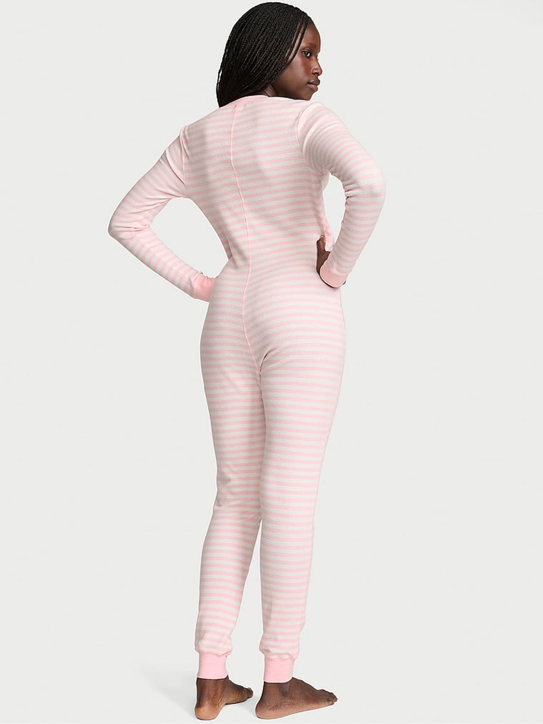 Pretty Blossom Pink Iconic Stripe Thermal Henley Onesie Pyjamas - Image 2 of 2