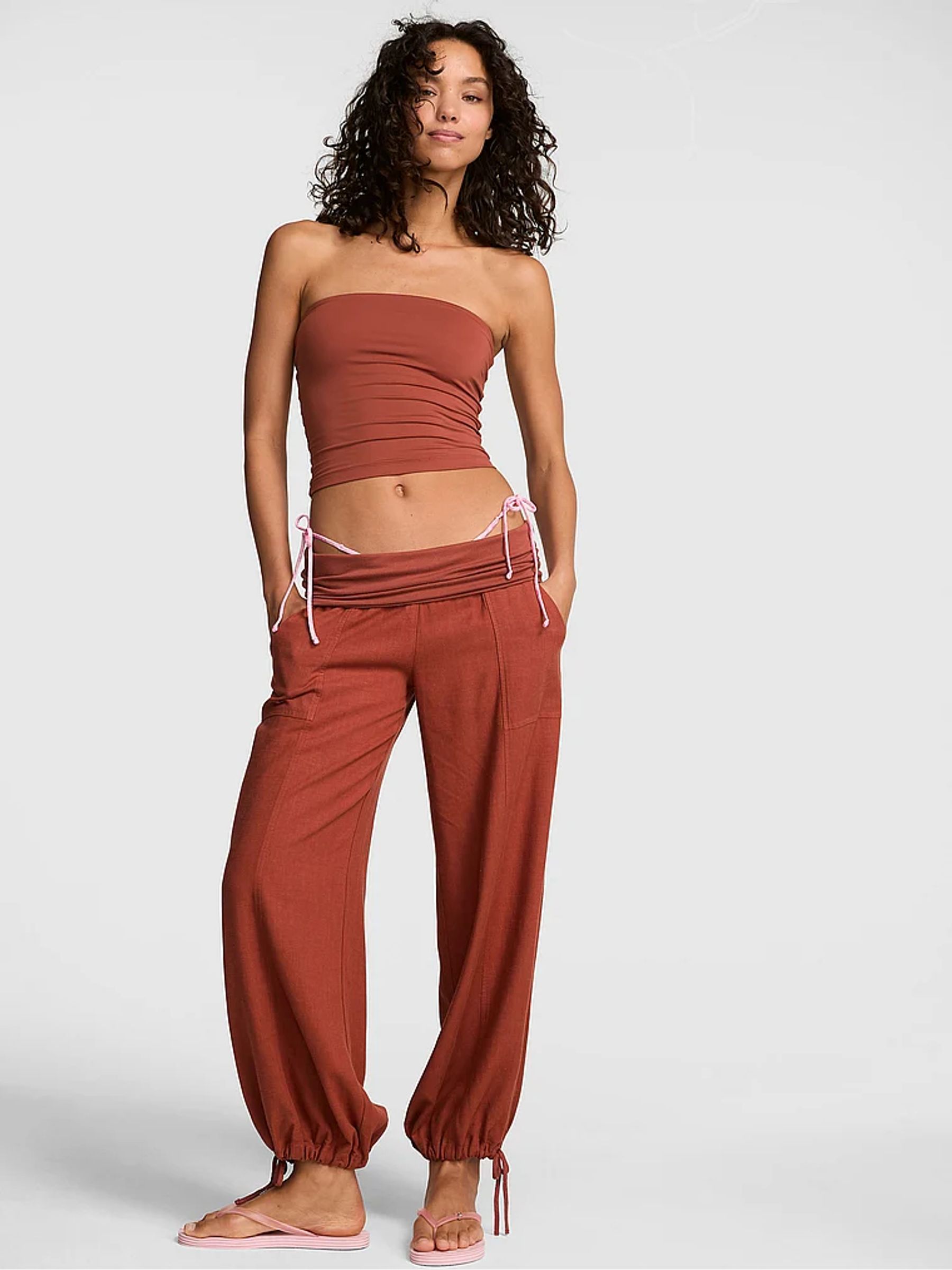 Clay Brown Foldover Linen Trousers - Image 1 of 2 Clay Brown Foldover Linen Trousers - Image 1 of 2