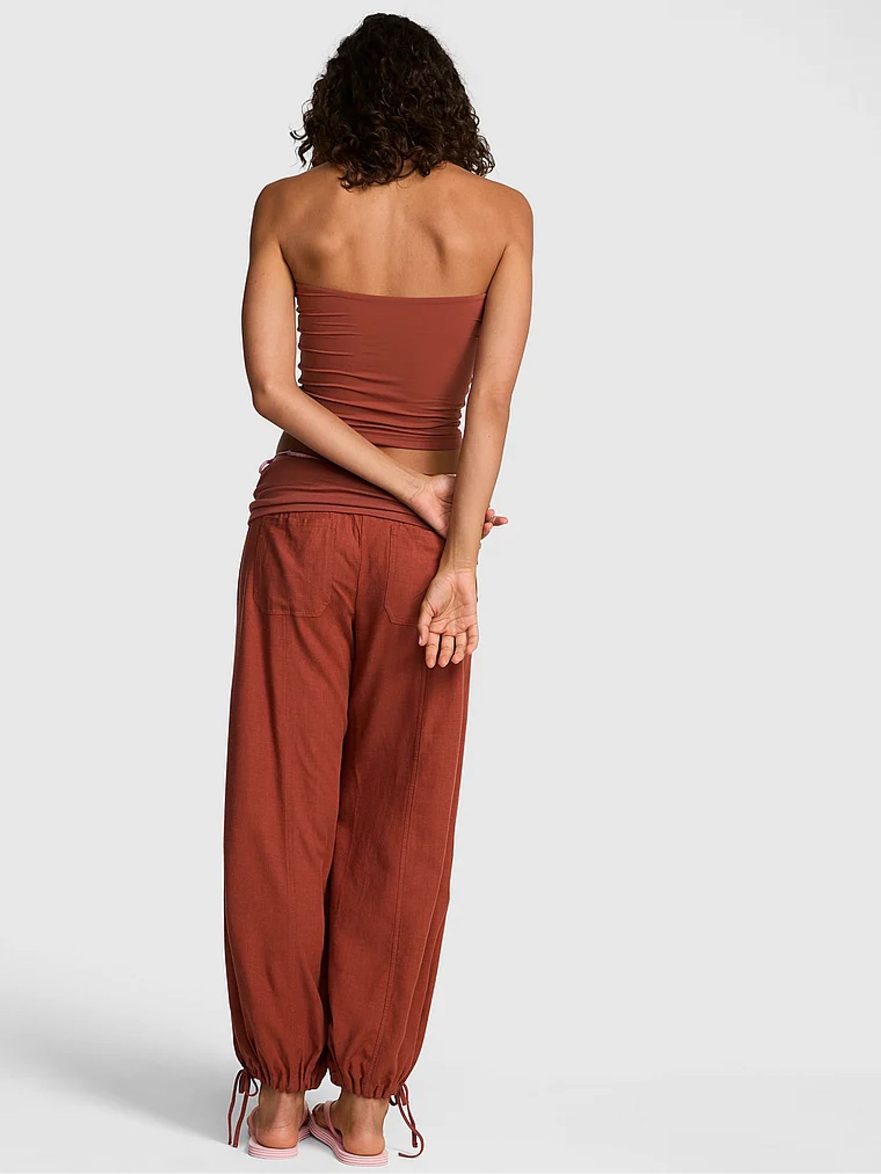 Clay Brown Foldover Linen Trousers - Image 2 of 2