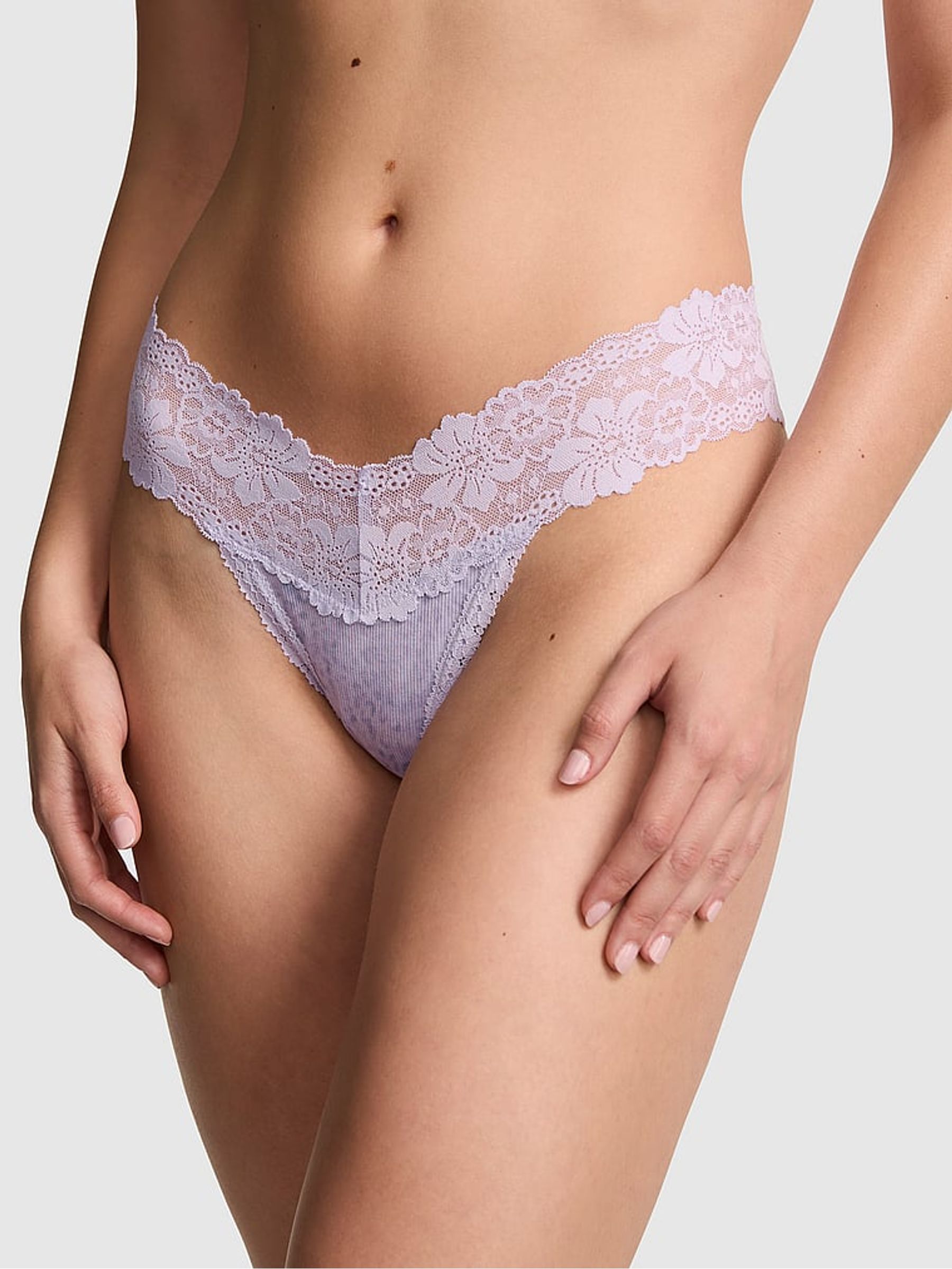 Lavender Purple Leopard Thong Lace Trim Rib Knickers - Image 1 of 2 Lavender Purple Leopard Thong Lace Trim Rib Knickers - Image 1 of 2