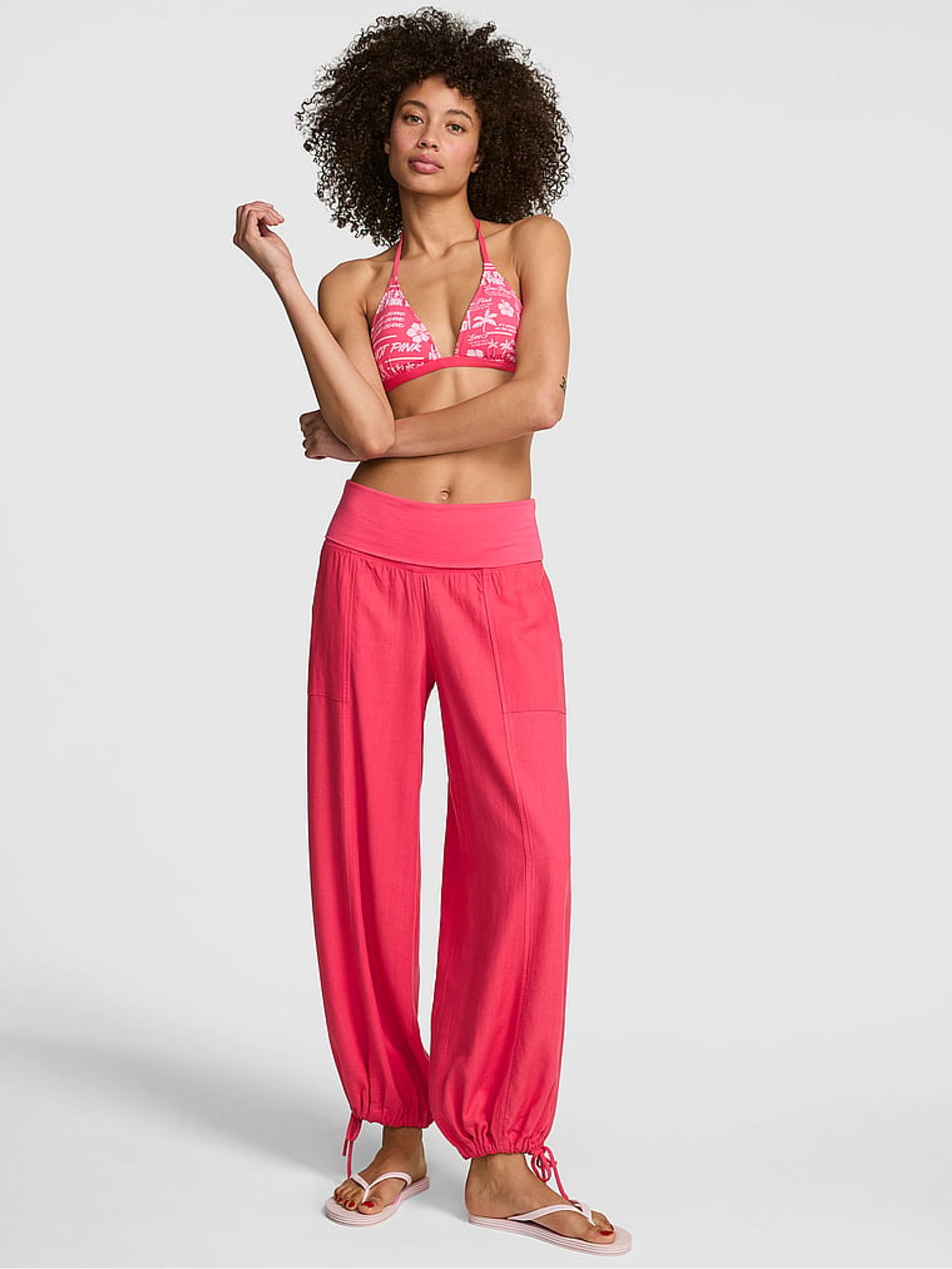 Candy Pink Foldover Linen Trousers - Image 1 of 3