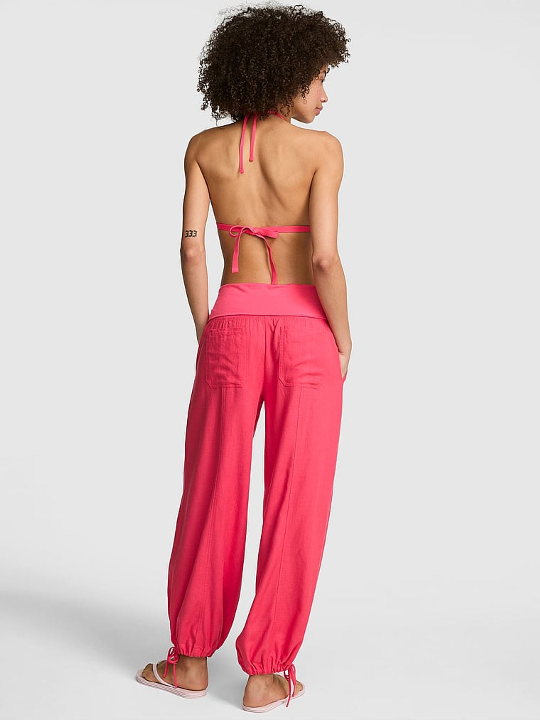 Candy Pink Foldover Linen Trousers - Image 2 of 3
