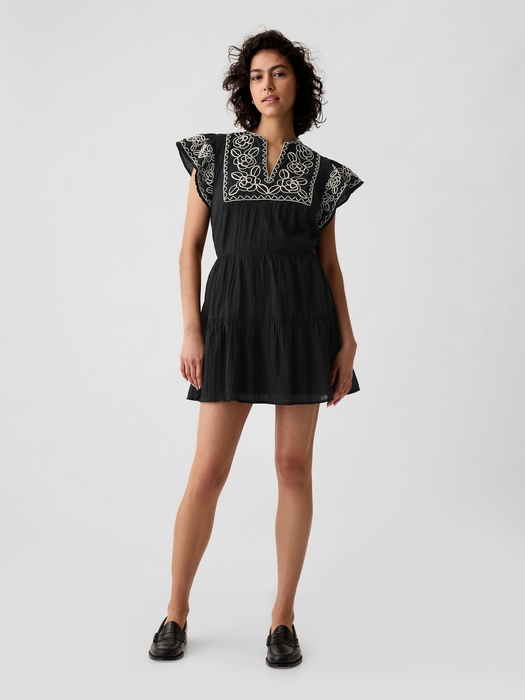 Black Crinkle Gauze Embroidered Mini Dress - Image 1 of 4