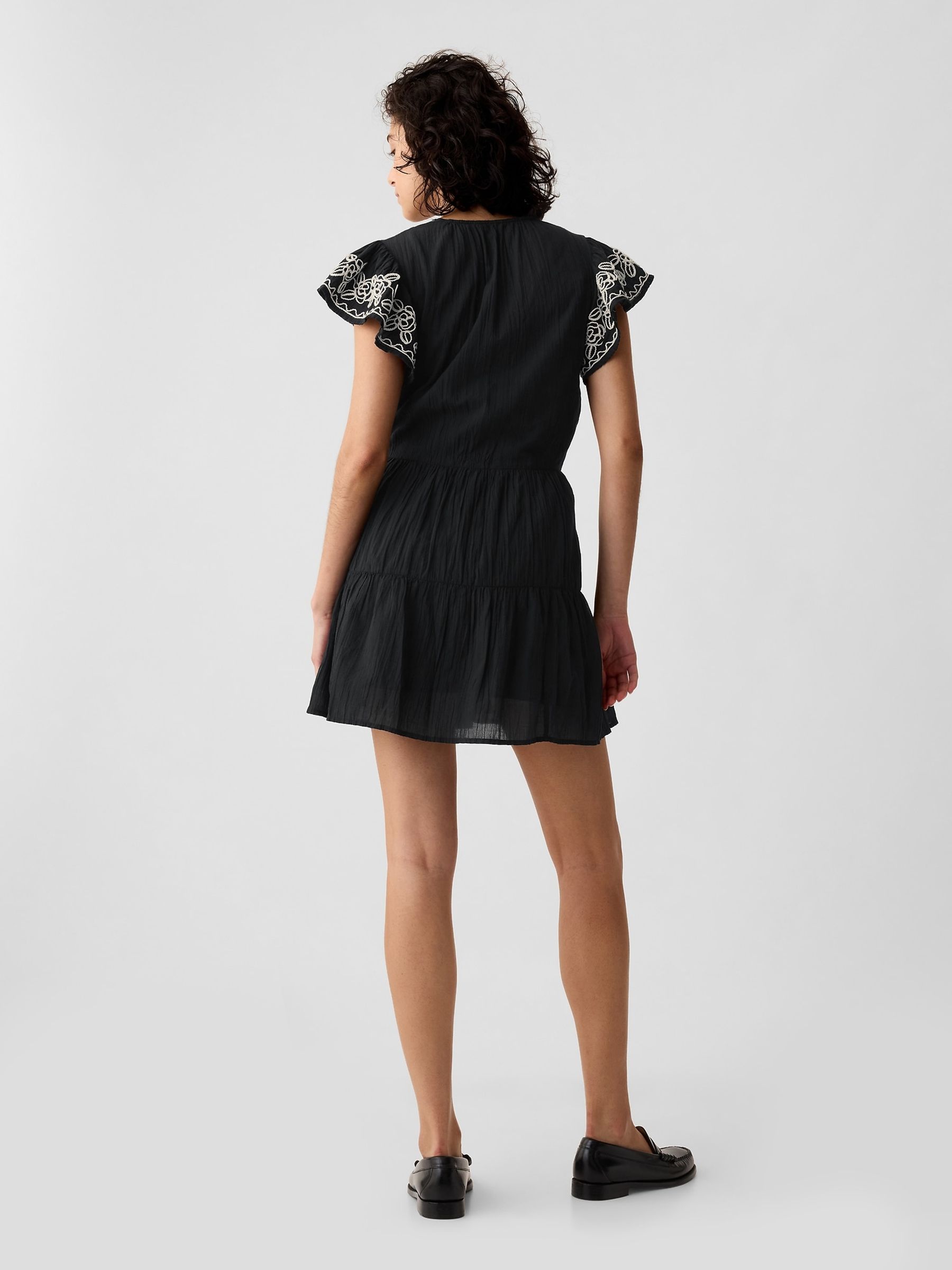 Black Crinkle Gauze Embroidered Mini Dress - Image 2 of 4