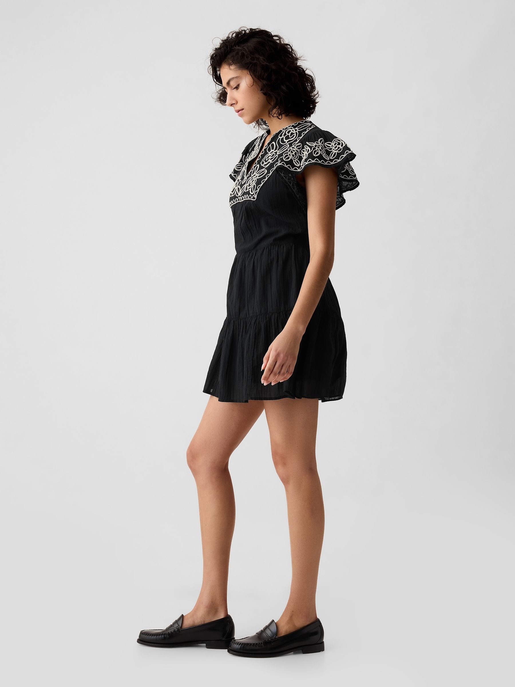 Black Crinkle Gauze Embroidered Mini Dress - Image 3 of 4