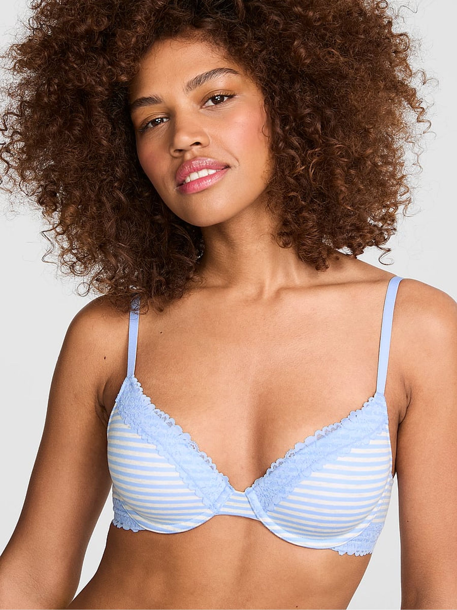 Blue Dancer Stripes Lightly Lined Cotton Heather Lace Trim Bra - Image 1 of 2