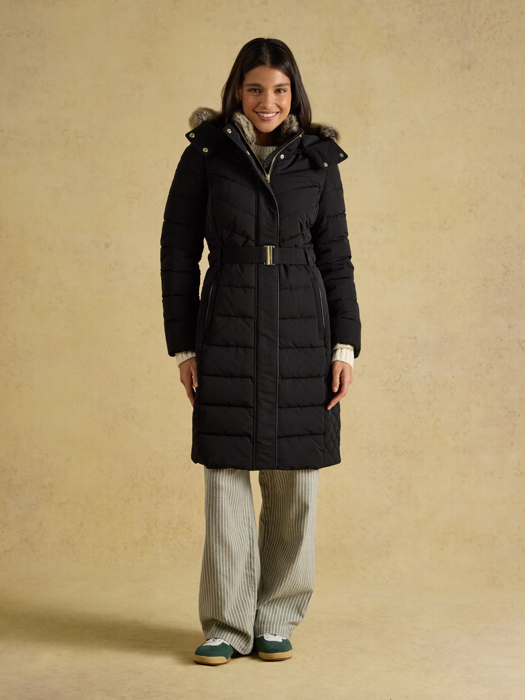 Aspen Black Showerproof Longline Padded Coat with Faux Fur Hood - Image 1 of 13