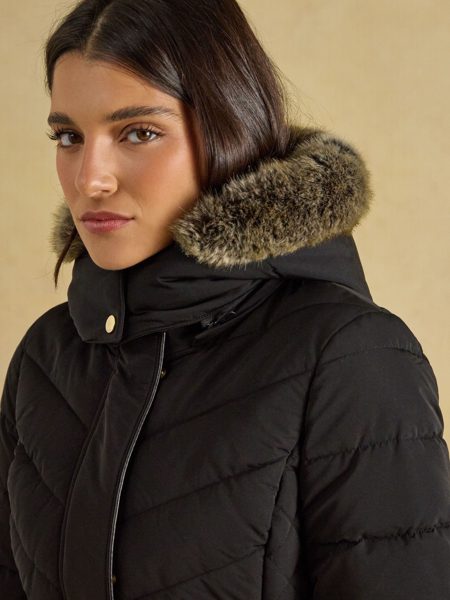 Aspen Black Showerproof Longline Padded Coat with Faux Fur Hood - Image 11 of 13