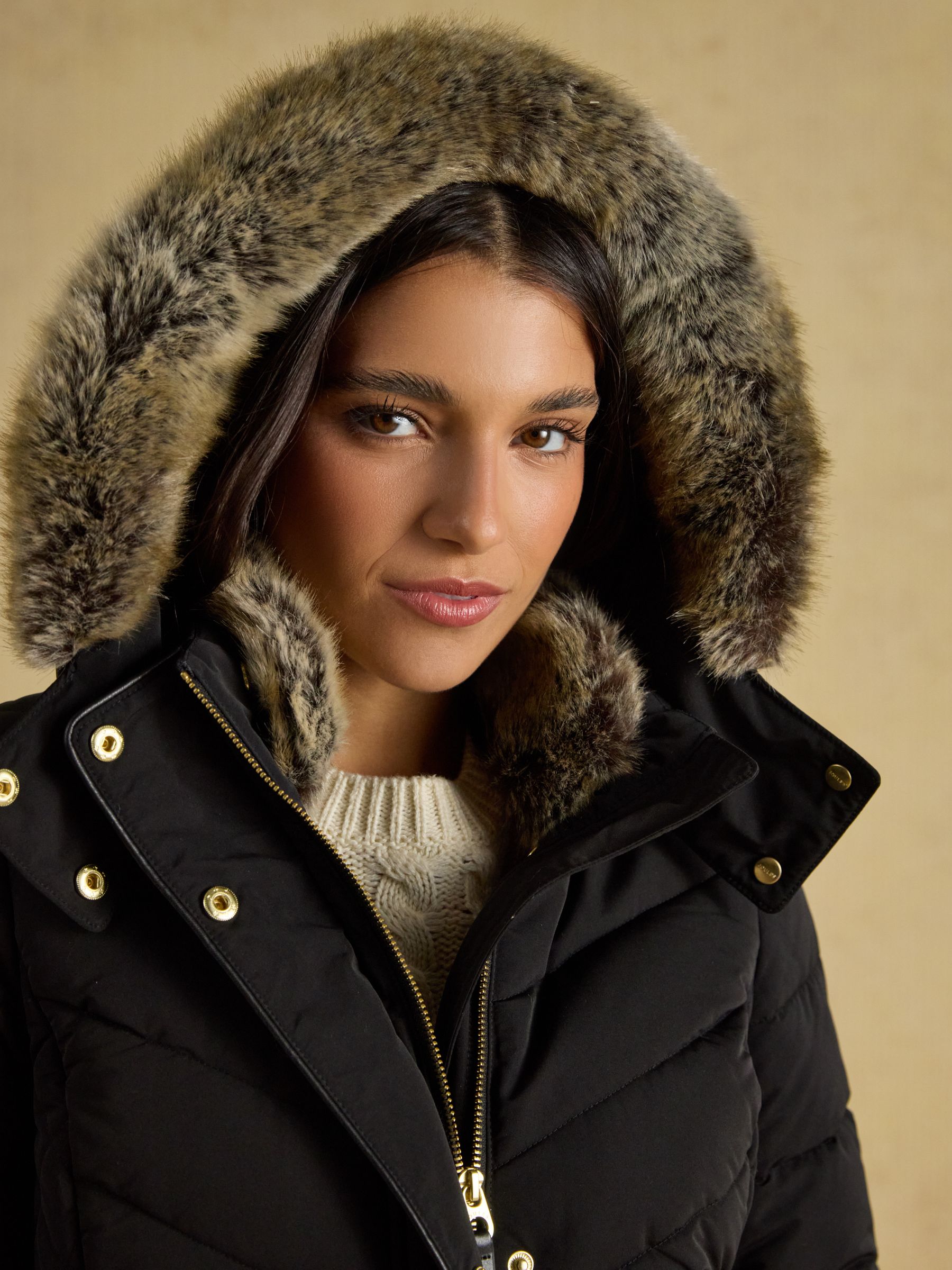Aspen Black Showerproof Longline Padded Coat with Faux Fur Hood - Image 3 of 13