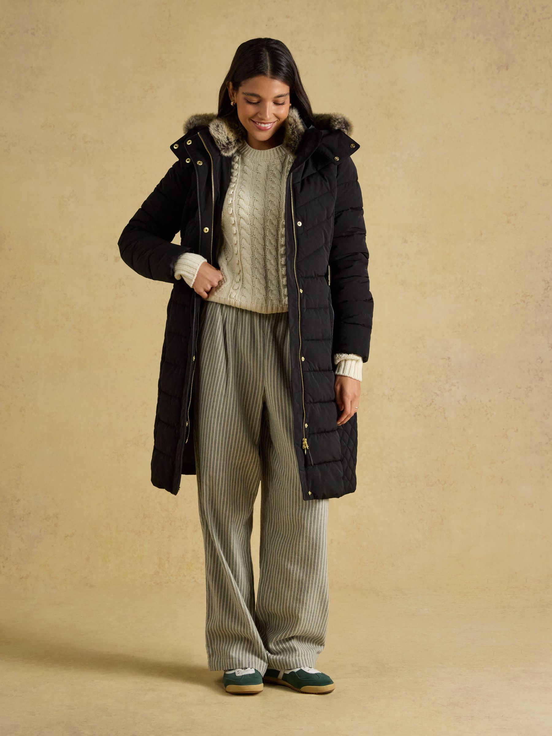 Aspen Black Showerproof Longline Padded Coat with Faux Fur Hood - Image 5 of 13