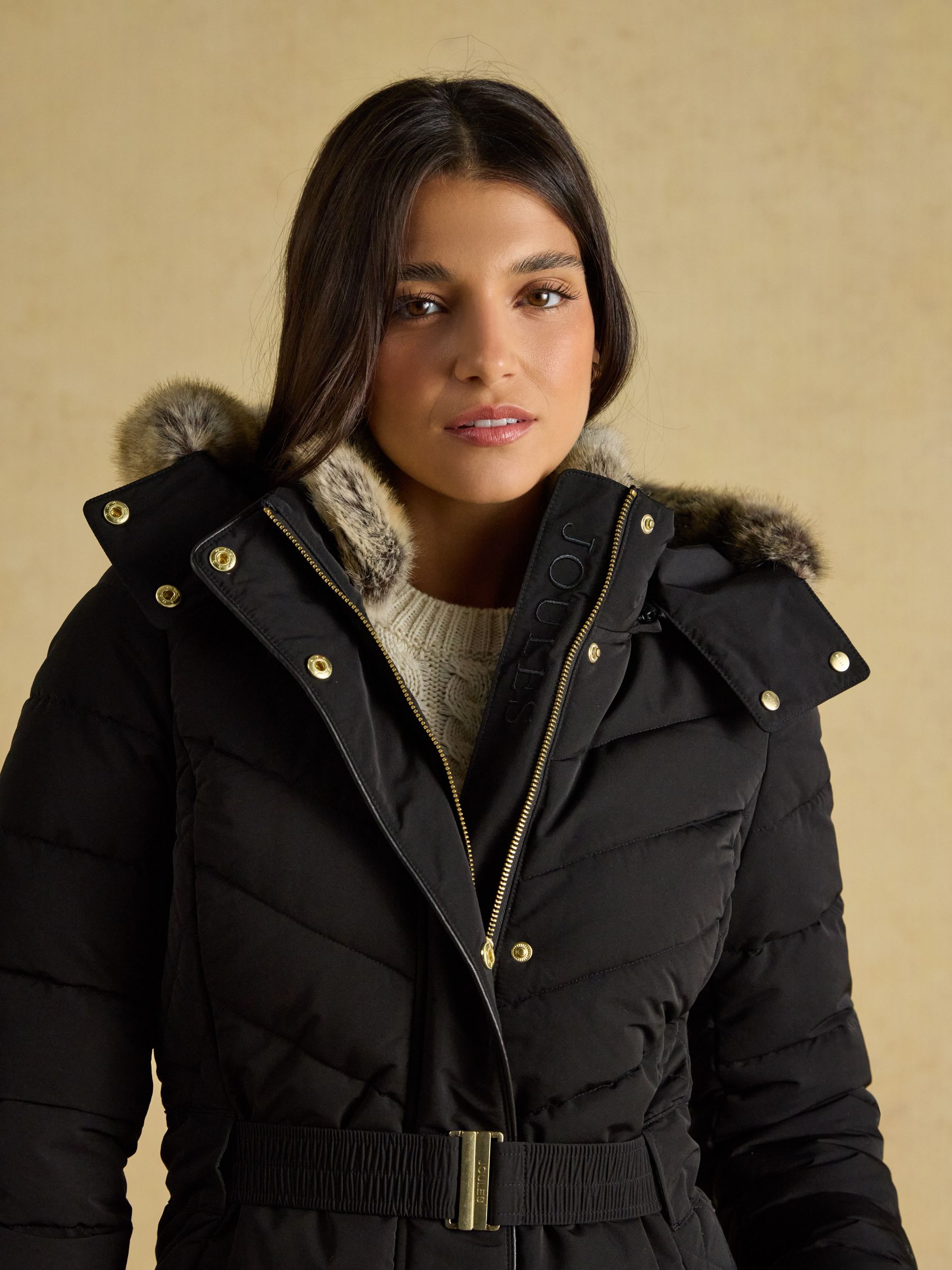 Aspen Black Showerproof Longline Padded Coat with Faux Fur Hood - Image 6 of 13