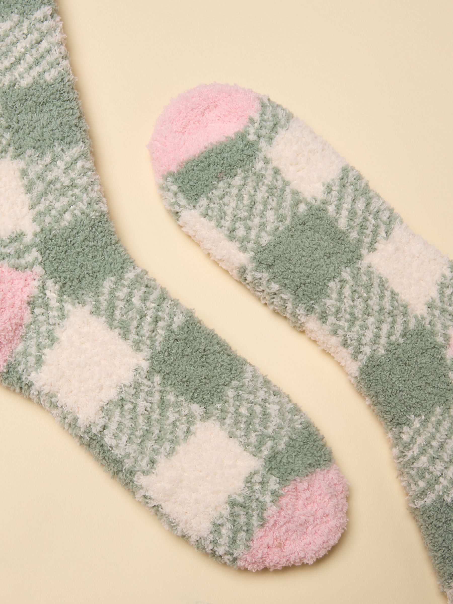 Women's Fluffy Green Check Socks (size 4-8) - Image 2 of 3