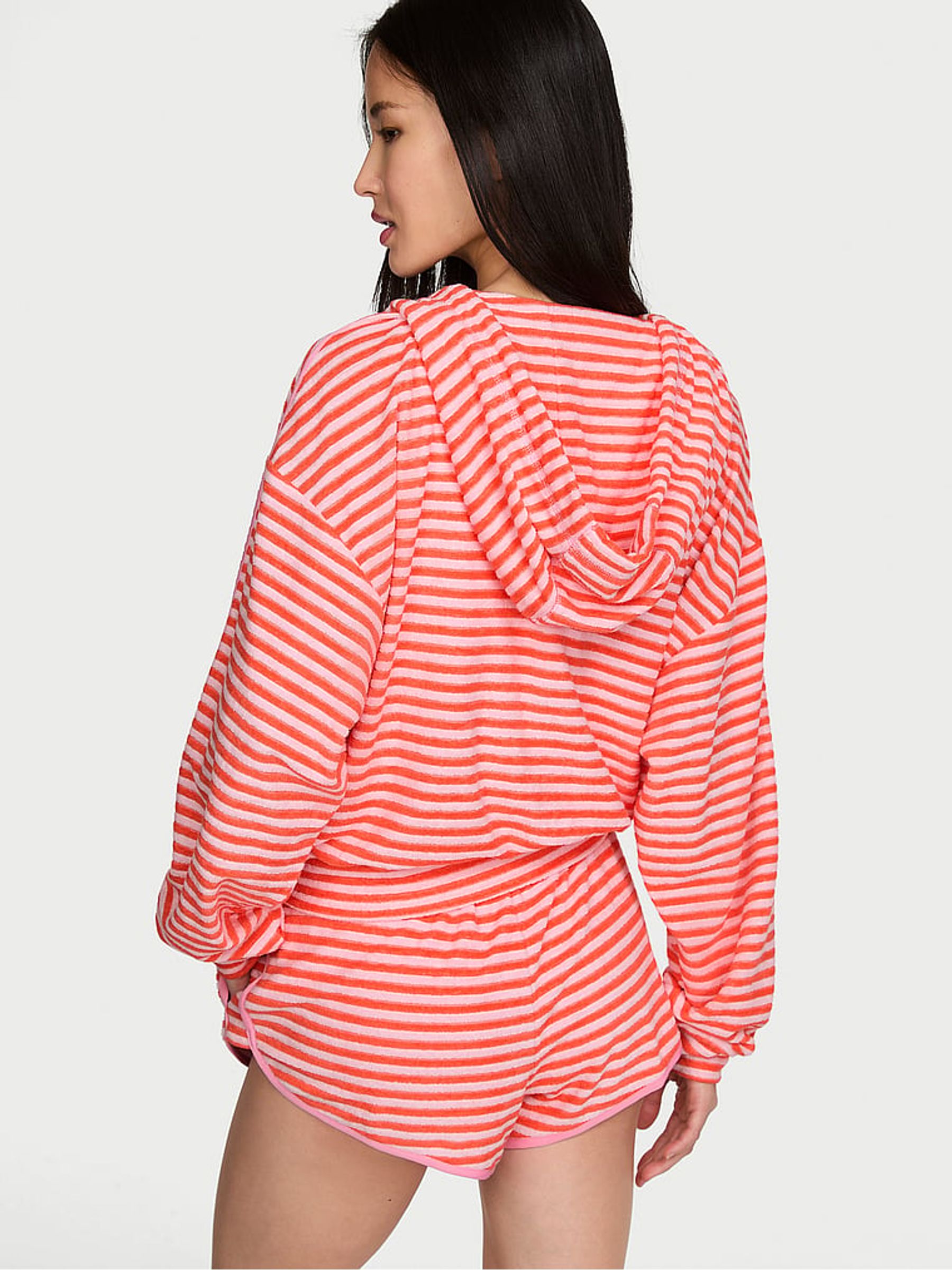 Pink Coral Stripe Terry Full Zip Hoodie - Image 2 of 3