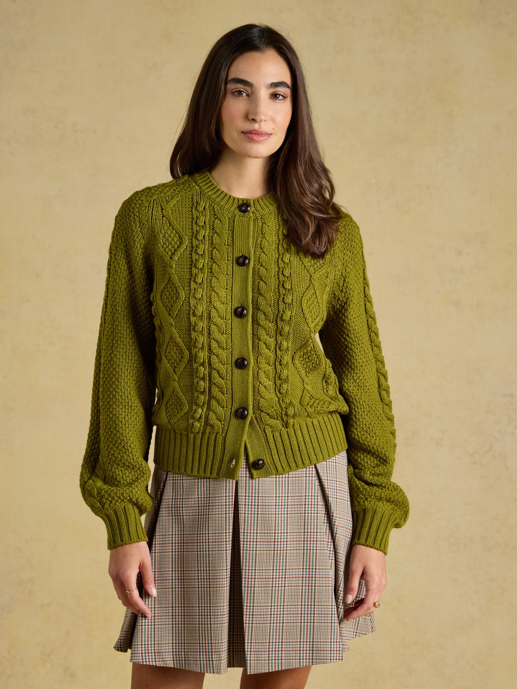 Rafferty Olive Green Cable Knit Crew Neck Cardigan - Image 1 of 8
