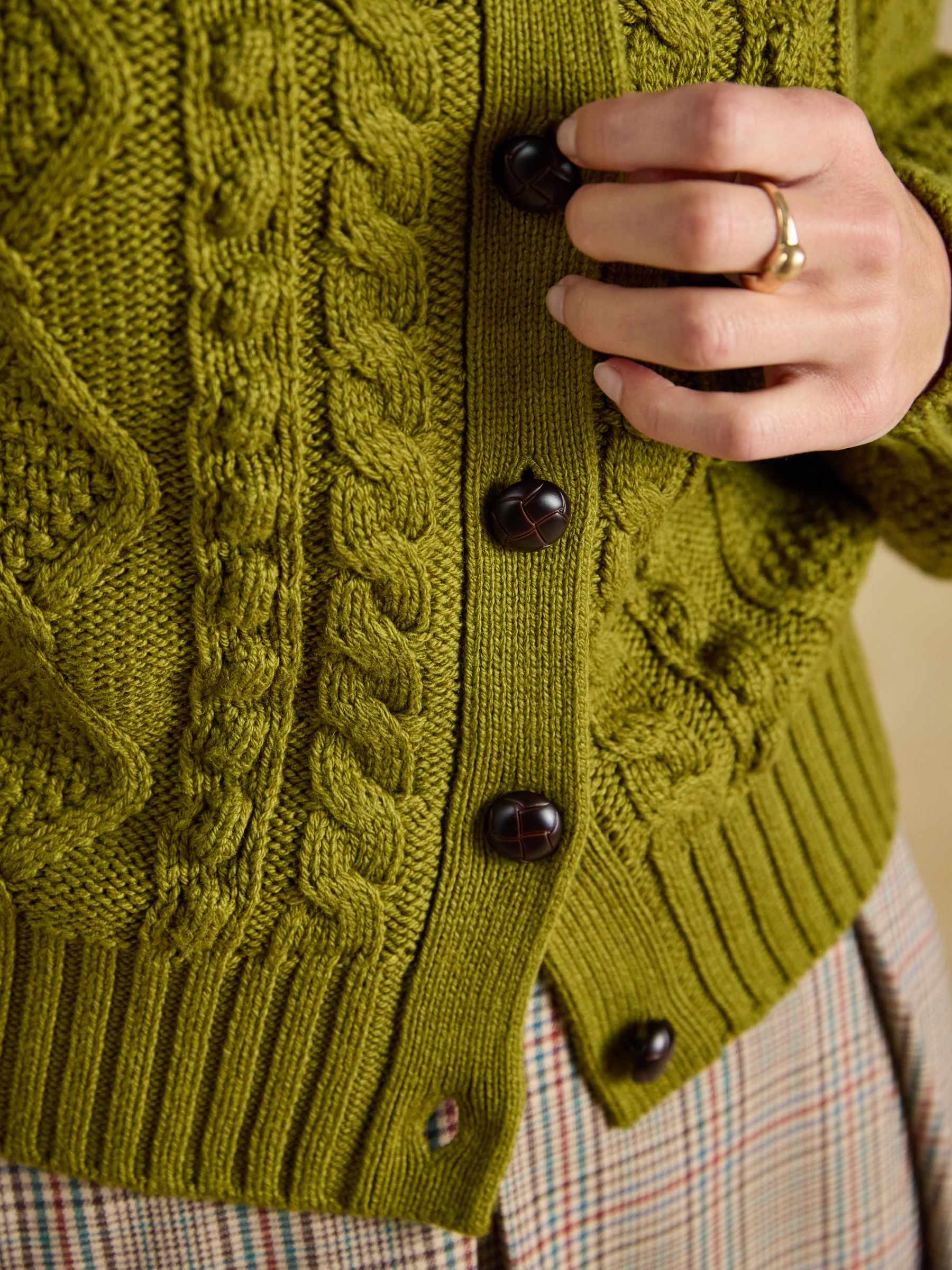 Rafferty Olive Green Cable Knit Crew Neck Cardigan - Image 3 of 8