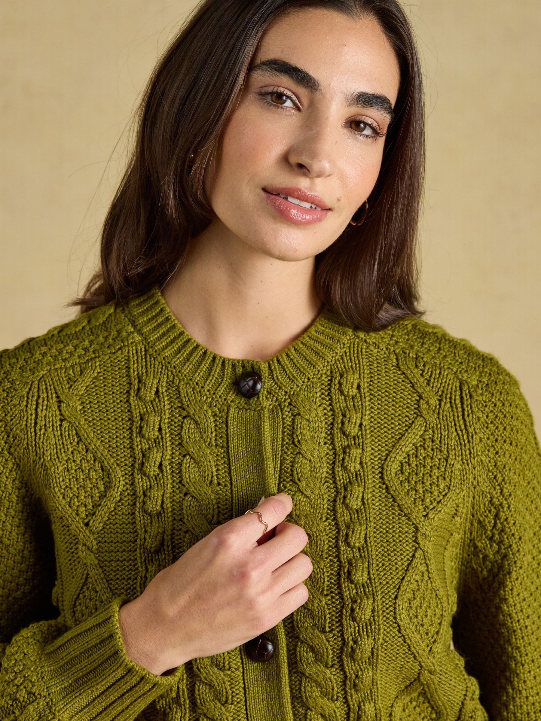 Rafferty Olive Green Cable Knit Crew Neck Cardigan - Image 5 of 8