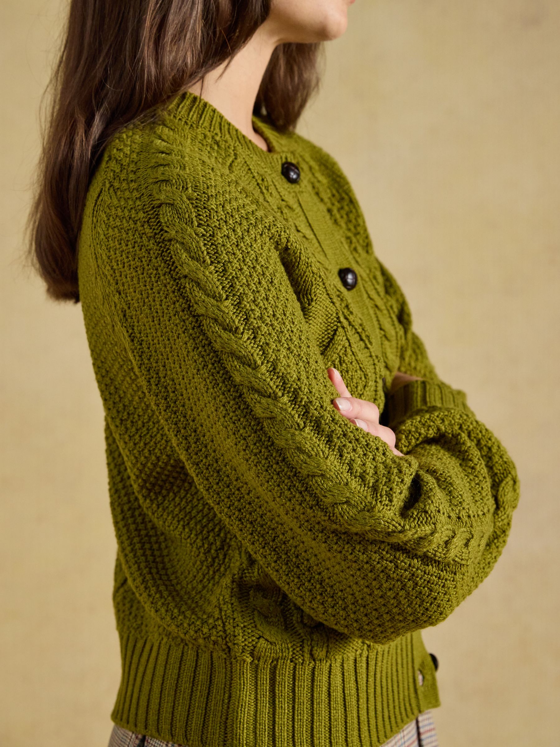 Rafferty Olive Green Cable Knit Crew Neck Cardigan - Image 6 of 8