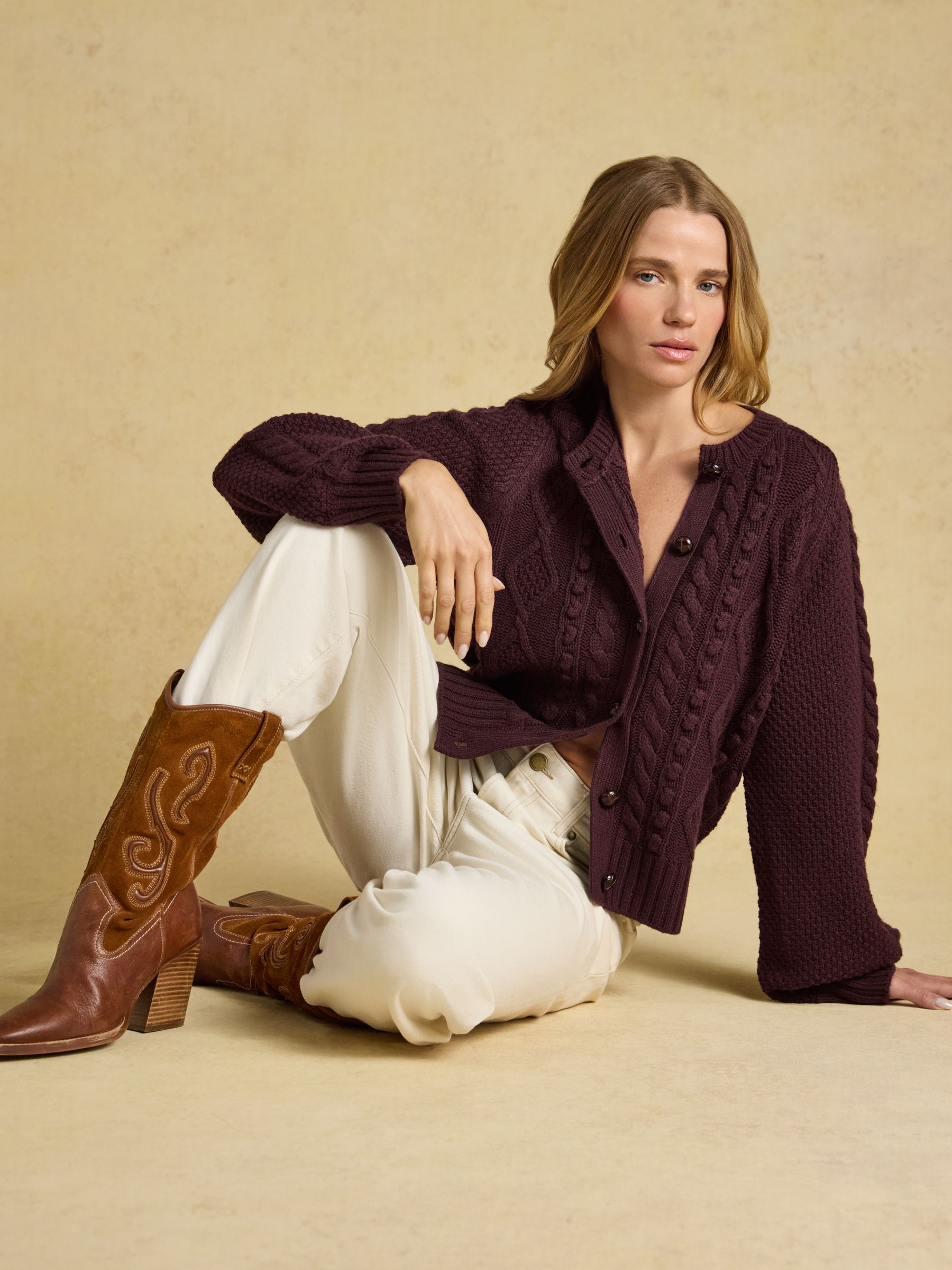 Rafferty Wine Cable Knit Crew Neck Cardigan - Image 3 of 9