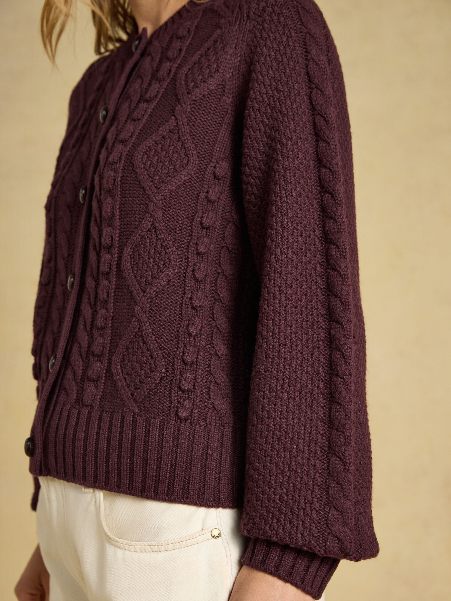 Rafferty Wine Cable Knit Crew Neck Cardigan - Image 4 of 9