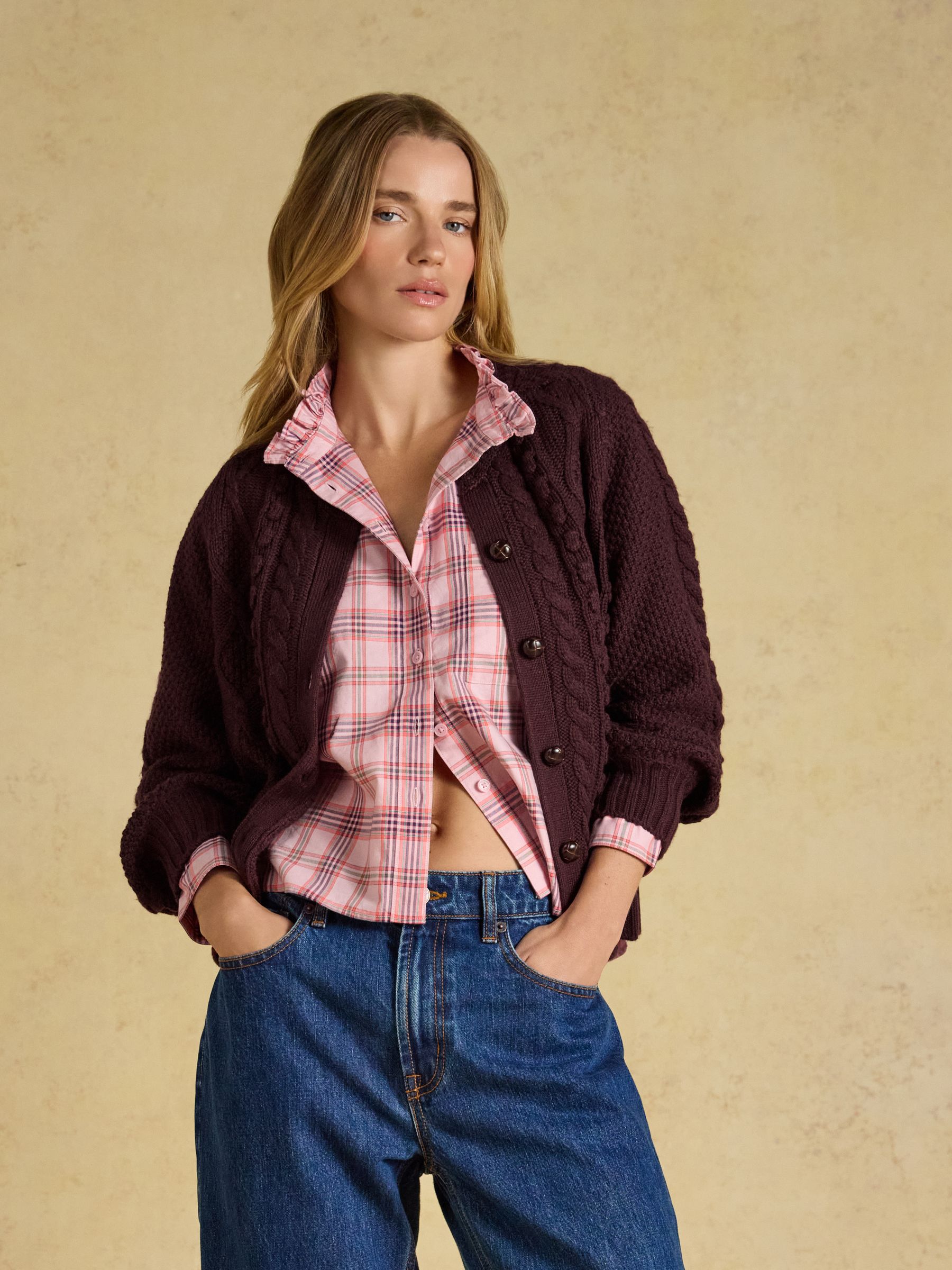Rafferty Wine Cable Knit Crew Neck Cardigan - Image 5 of 9