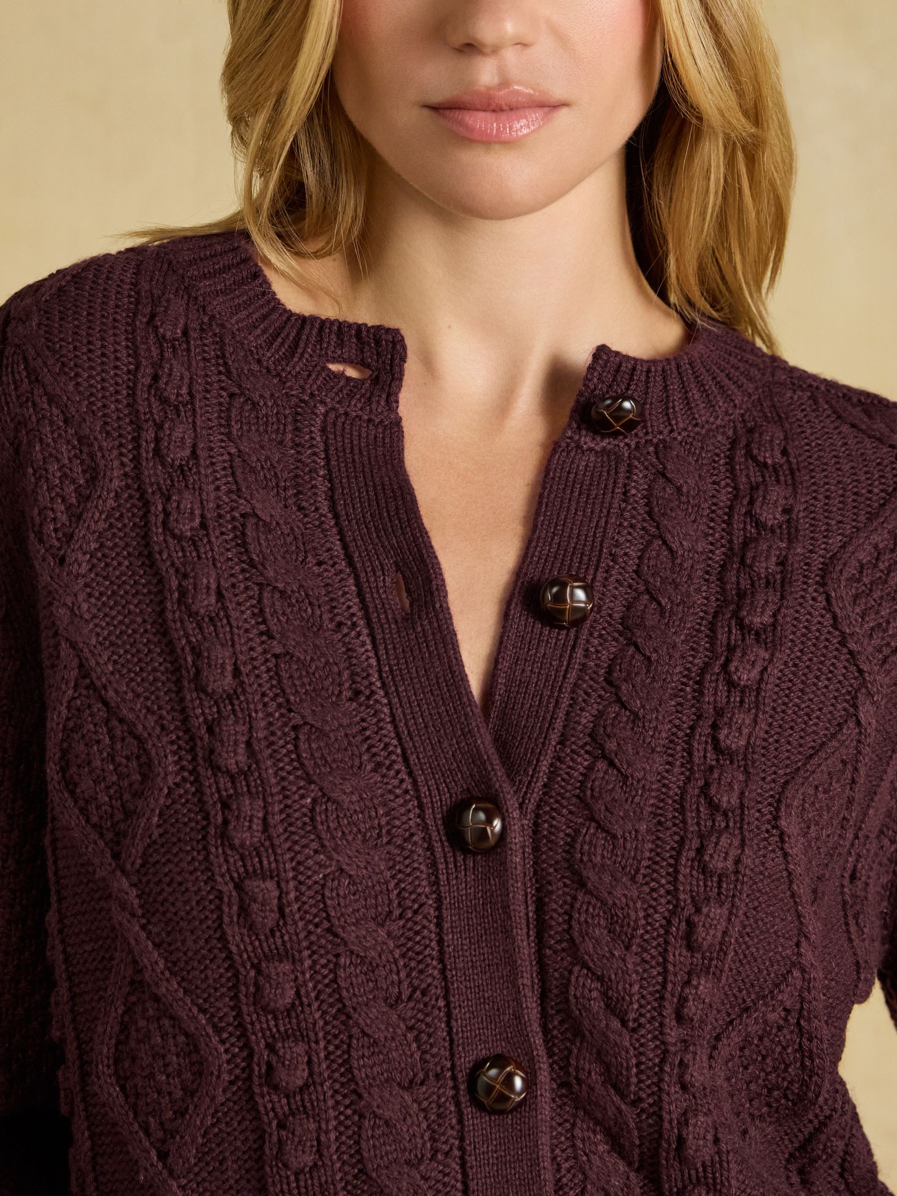 Rafferty Wine Cable Knit Crew Neck Cardigan - Image 6 of 9