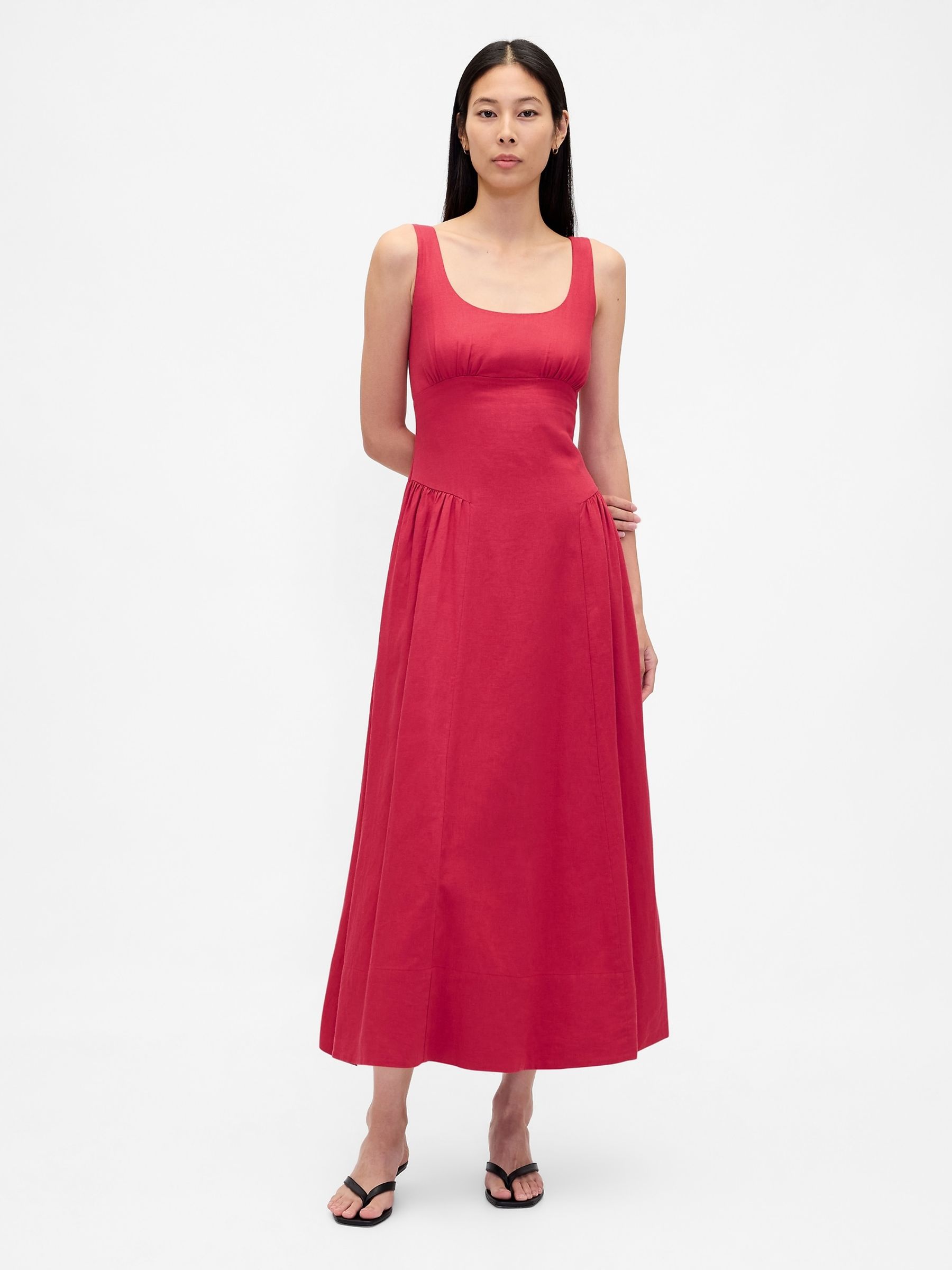Red Linen Blend Shirred Maxi Dress - Image 1 of 4