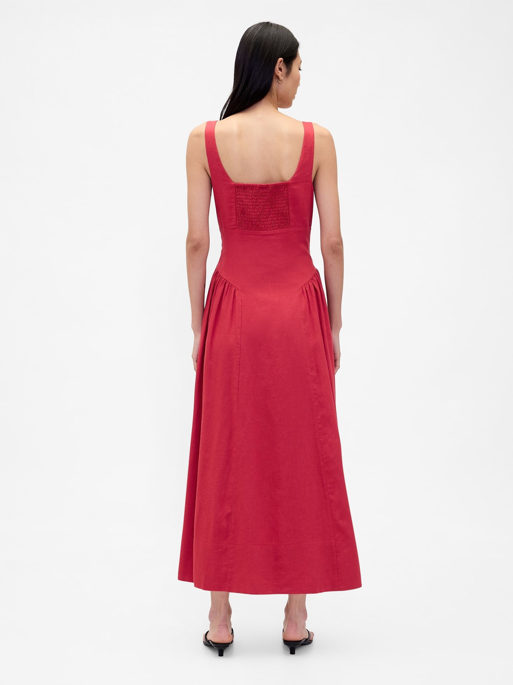 Red Linen Blend Shirred Maxi Dress - Image 2 of 4