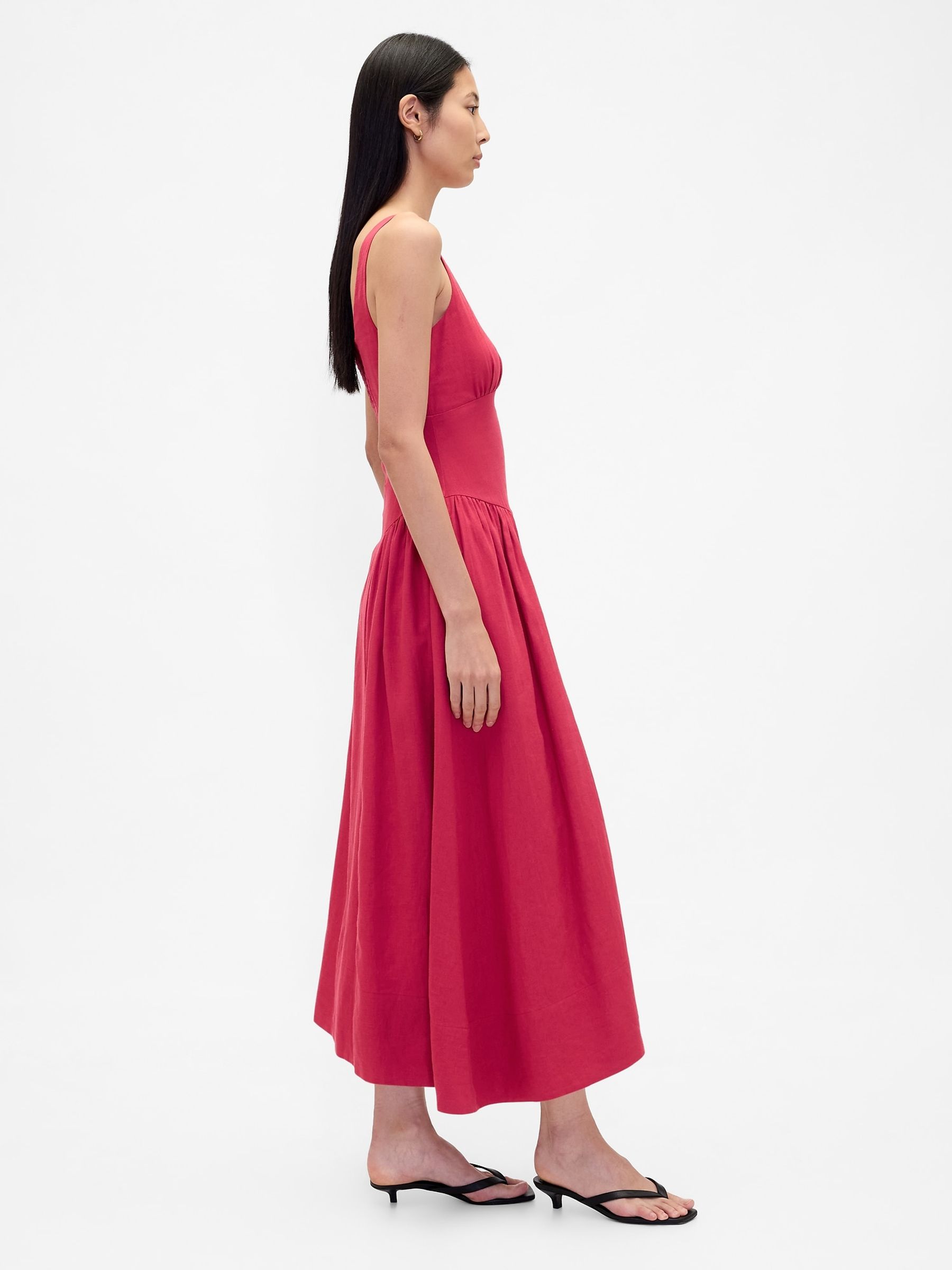 Red Linen Blend Shirred Maxi Dress - Image 3 of 4