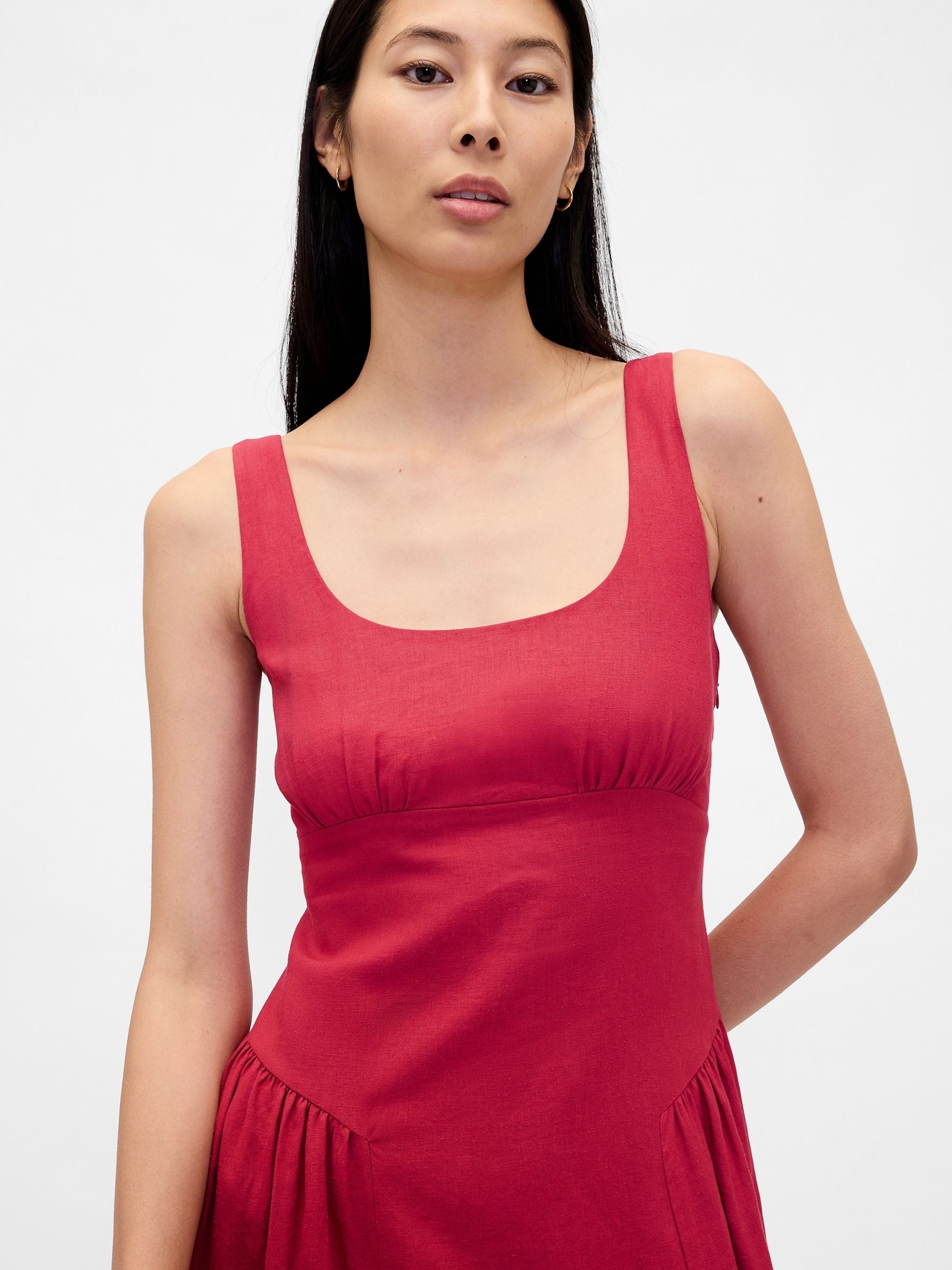 Red Linen Scoop Neck Shirred Maxi Dress | Gap Red Linen Scoop Neck Shirred Maxi Dress | Gap