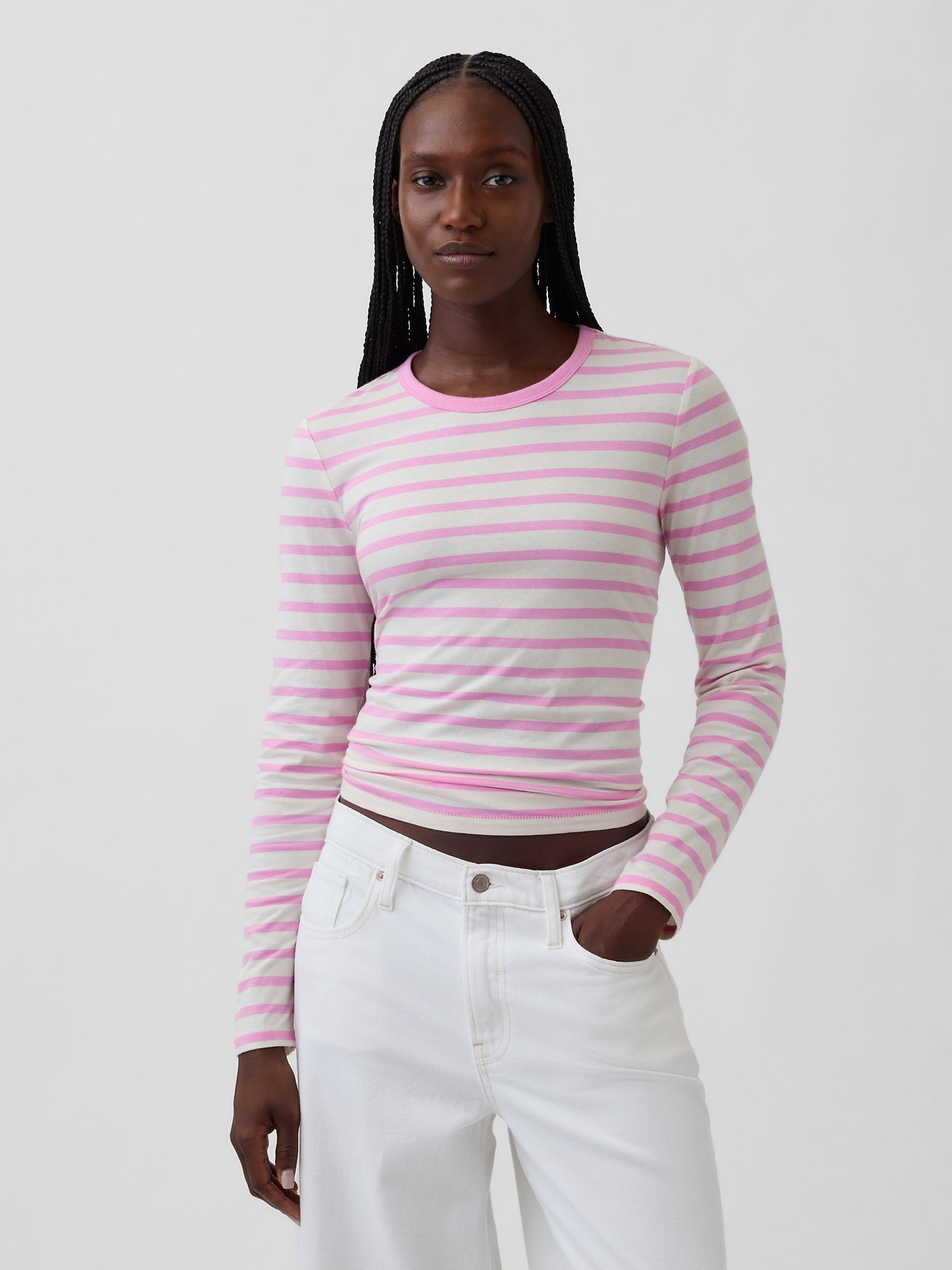 Pink Stripe Cotton Vintage Soft Long Sleeve T-Shirt - Image 1 of 4