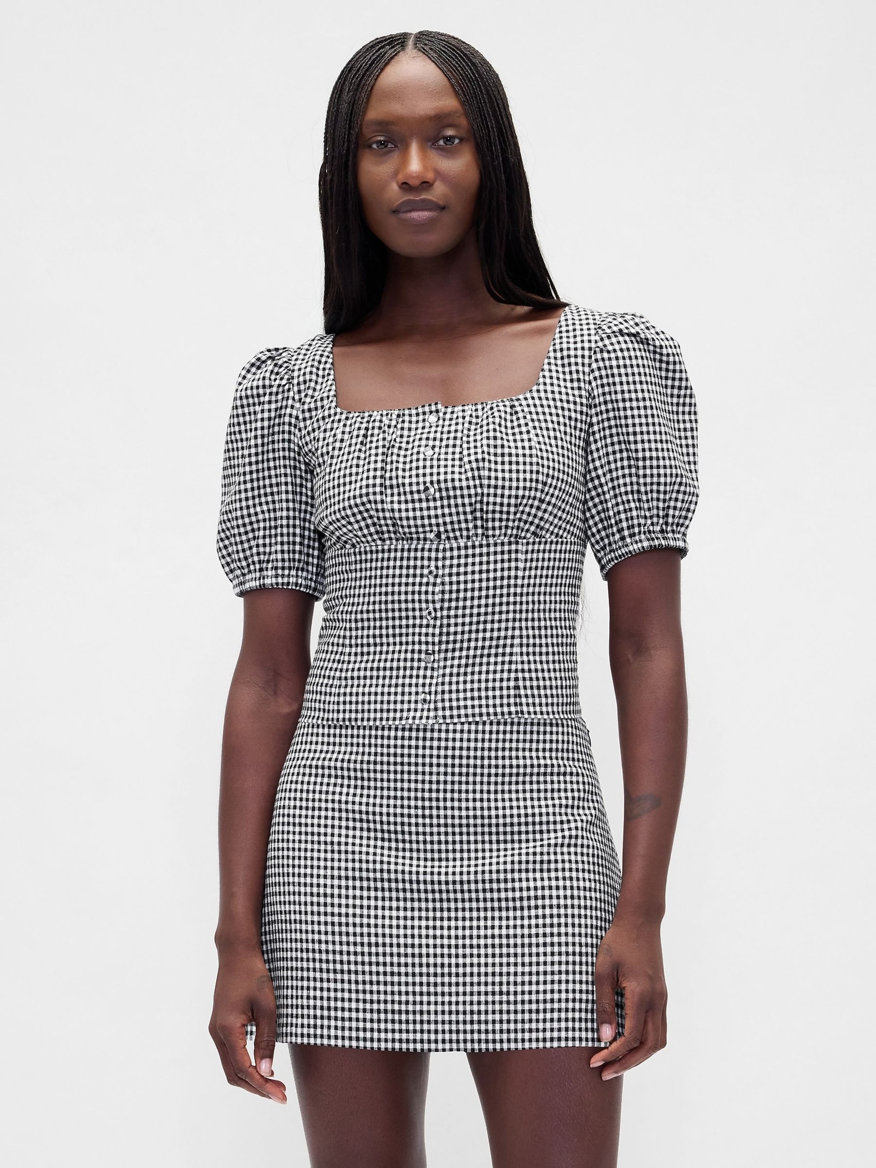 Black Check Linen Blend Puff Sleeve Crop Corset Top - Image 1 of 4 Black Check Linen Blend Puff Sleeve Crop Corset Top - Image 1 of 4