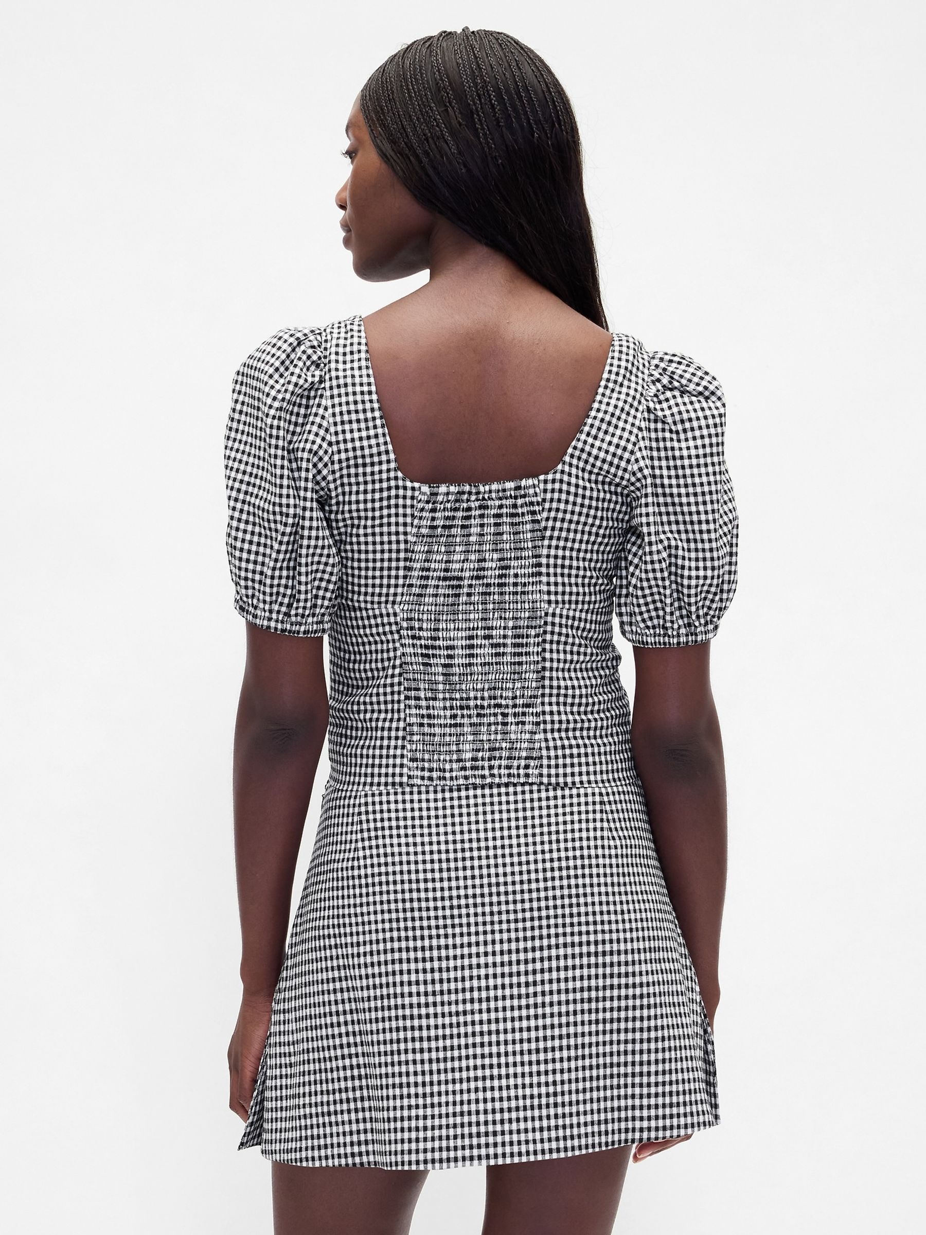 Black Check Linen Blend Puff Sleeve Crop Corset Top - Image 2 of 4