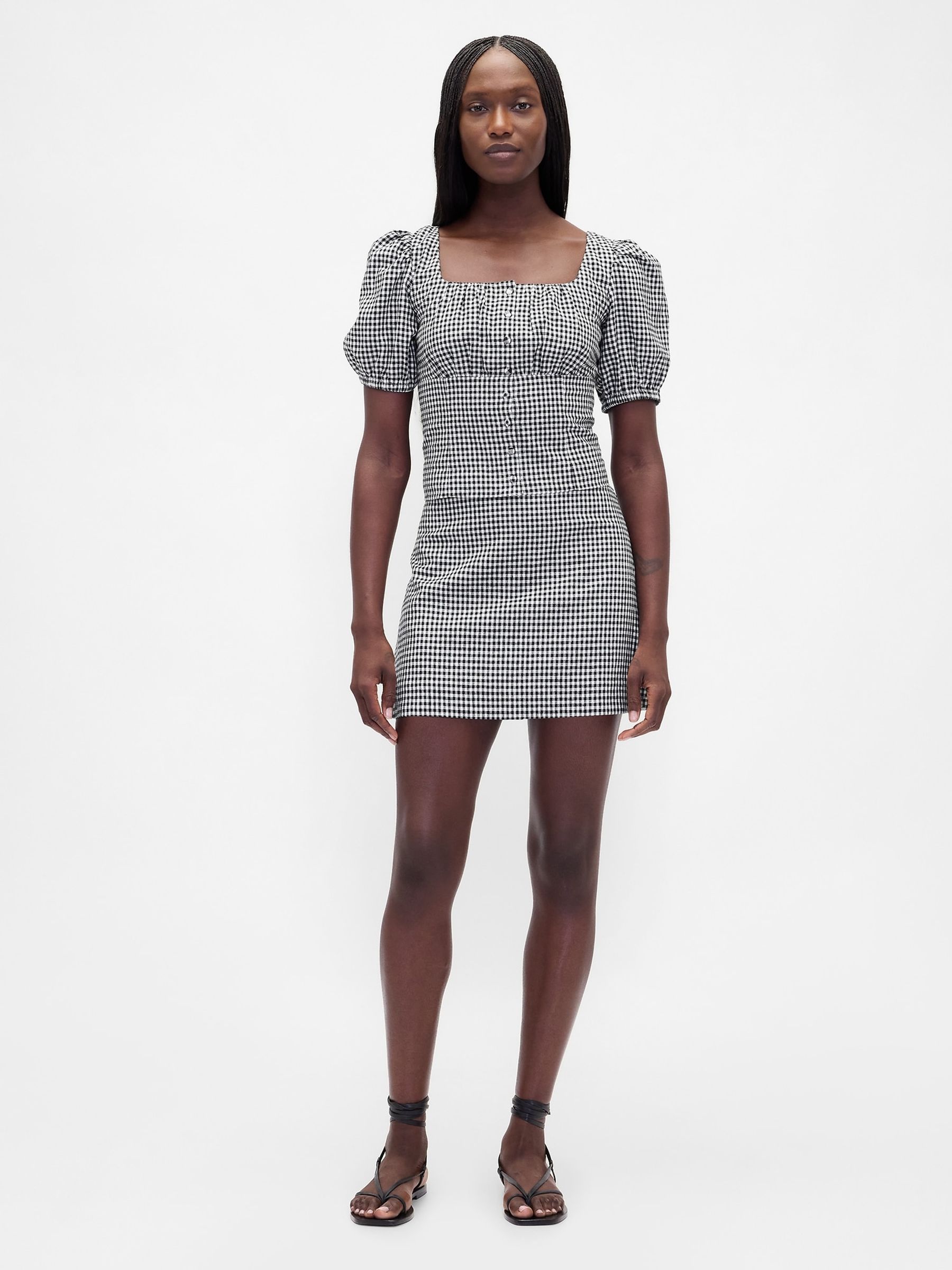 Black Check Linen Blend Puff Sleeve Crop Corset Top - Image 3 of 4