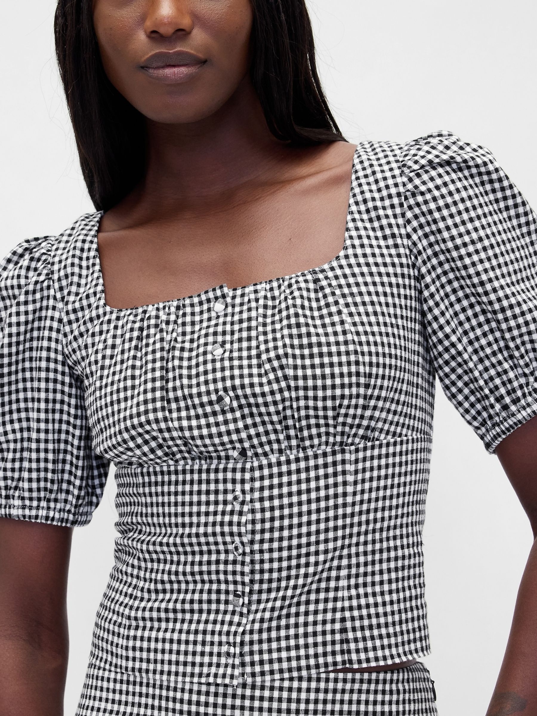 Black Check Linen Blend Puff Sleeve Crop Corset Top - Image 4 of 4