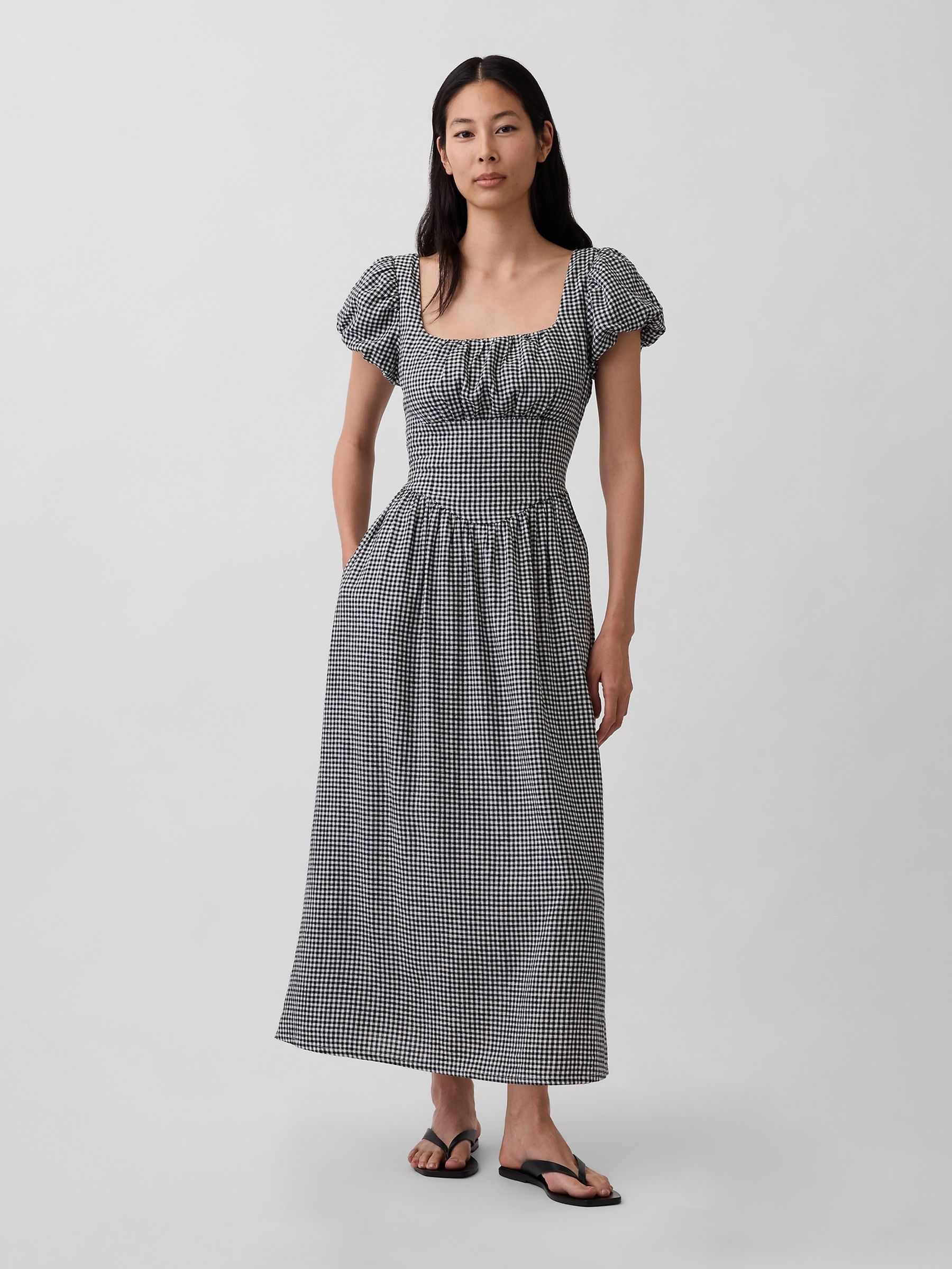 Black Check Linen Blend Puff Sleeve Drop-Waist Maxi Dress | Gap