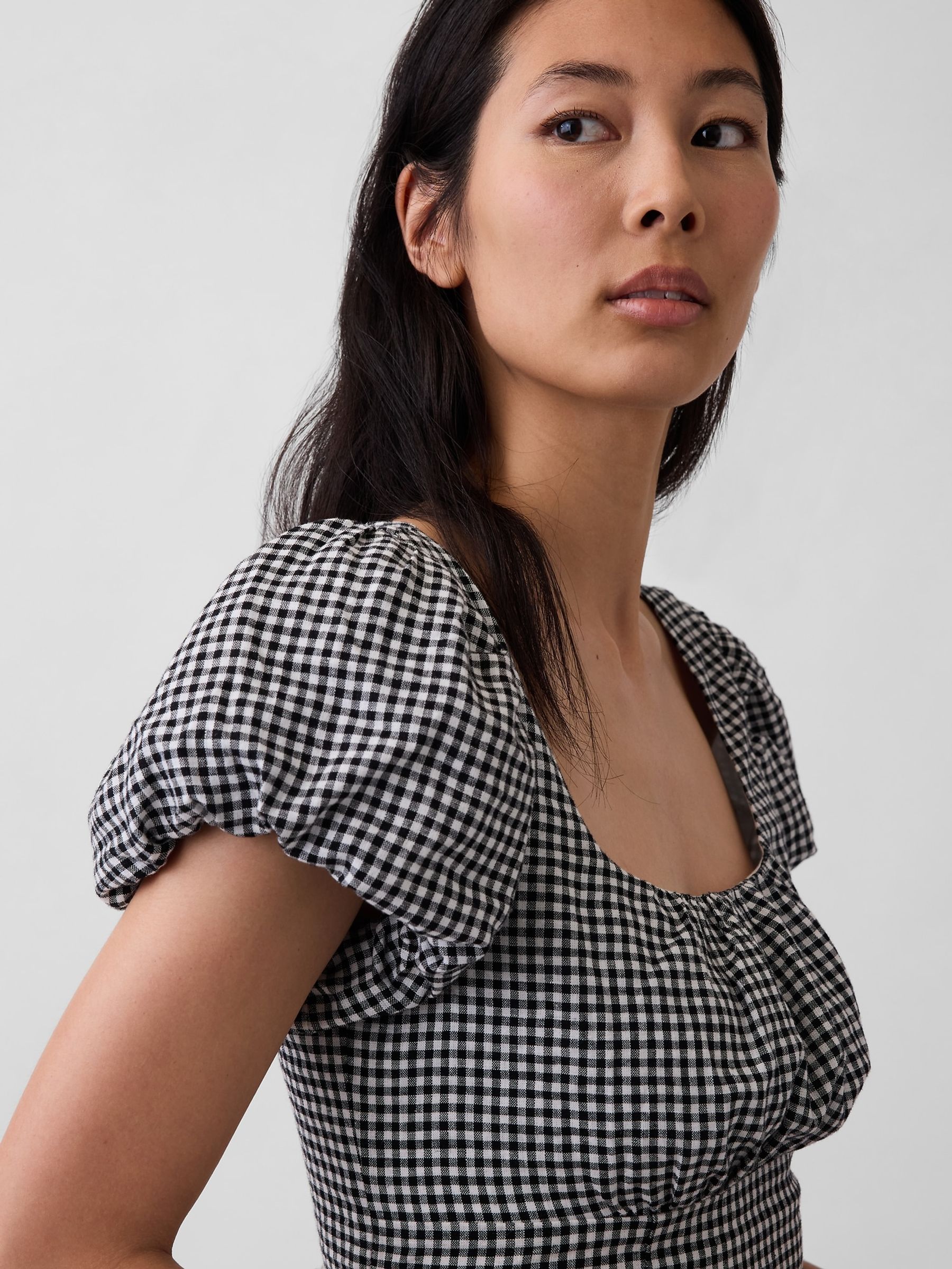 Black Check Linen-Blend Drop-Waist Maxi Dress - Image 4 of 4 Black Check Linen-Blend Drop-Waist Maxi Dress - Image 4 of 4
