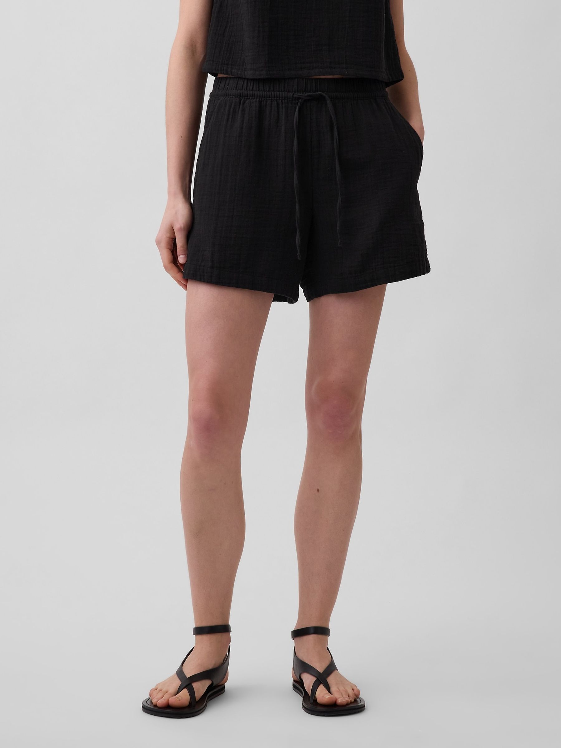 Black 4 inch Mid Rise Cotton Gauze Easy Shorts - Image 1 of 4