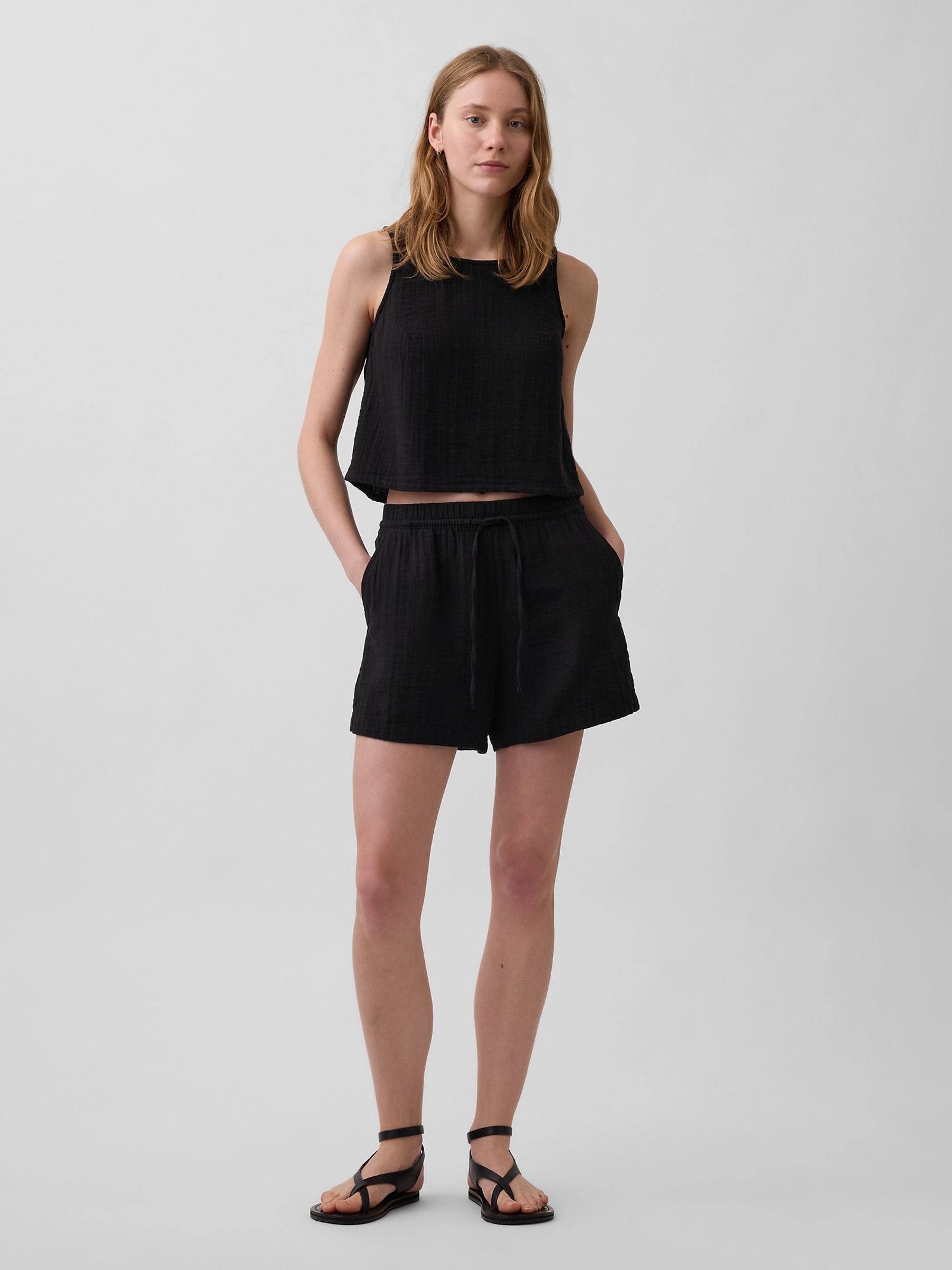 Black 4 inch Mid Rise Cotton Gauze Easy Shorts - Image 4 of 4