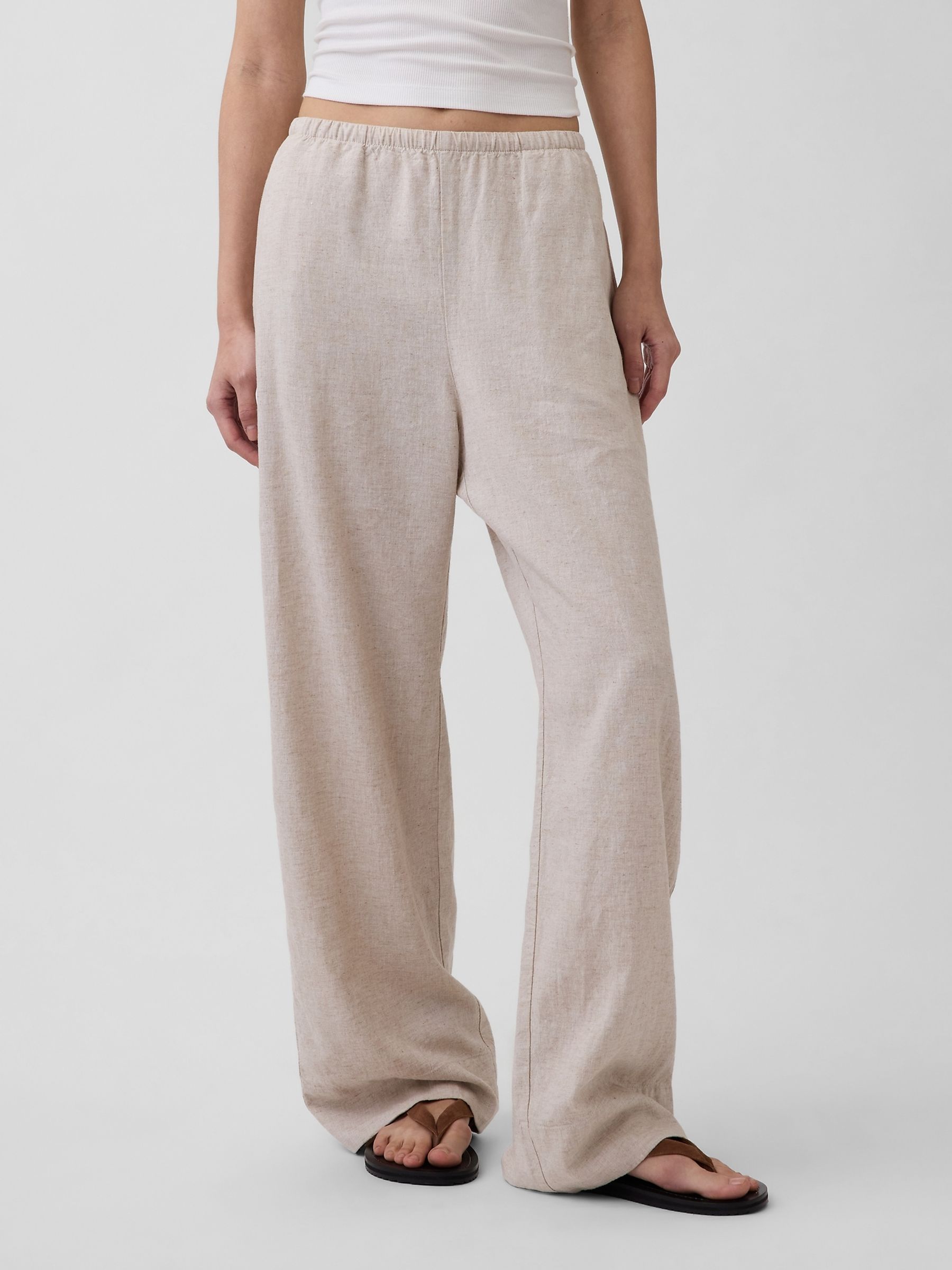 Cream Linen-Blend Relaxed Wide-Leg Trousers - Image 1 of 4